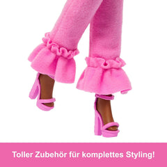 Barbie Deluxe Style Doll #4 in Barbiecore Outfit, Pink and Brown Braids, Soft Pink Top and Pant Set with Furry Collar With Accessories​​​ for Kids Ages 4+