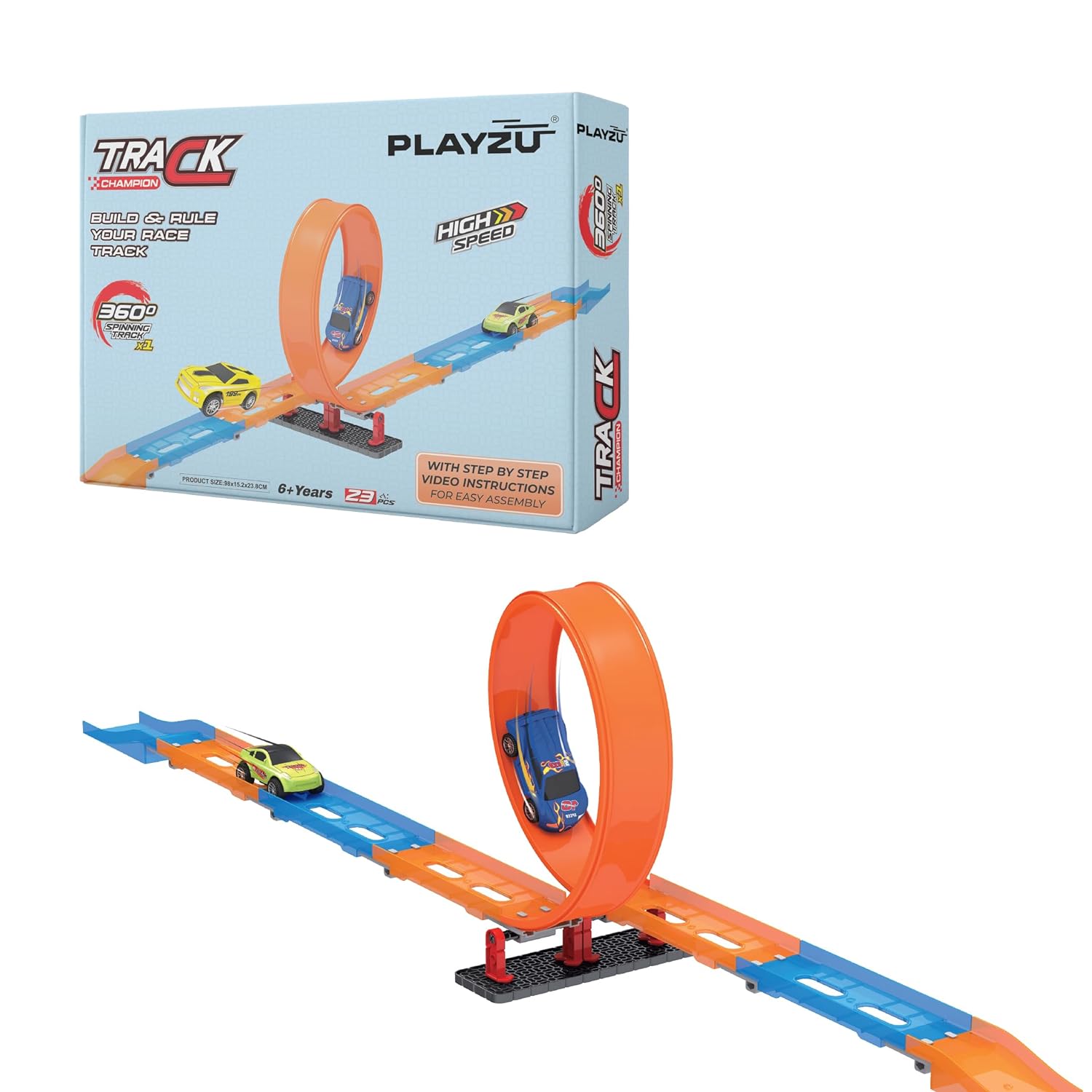 Playzu 23 pcs Single 360 Degree Loop Racing Track Game with Building Block Sets and One Strong 1:64 Scaled Pull Back Car and Track Easy to Assemble for Ages 6+