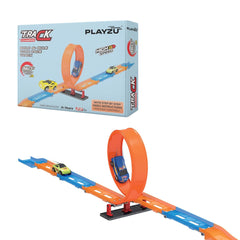 Playzu 23 pcs Single 360 Degree Loop Racing Track Game with Building Block Sets and One Strong 1:64 Scaled Pull Back Car and Track Easy to Assemble for Ages 6+