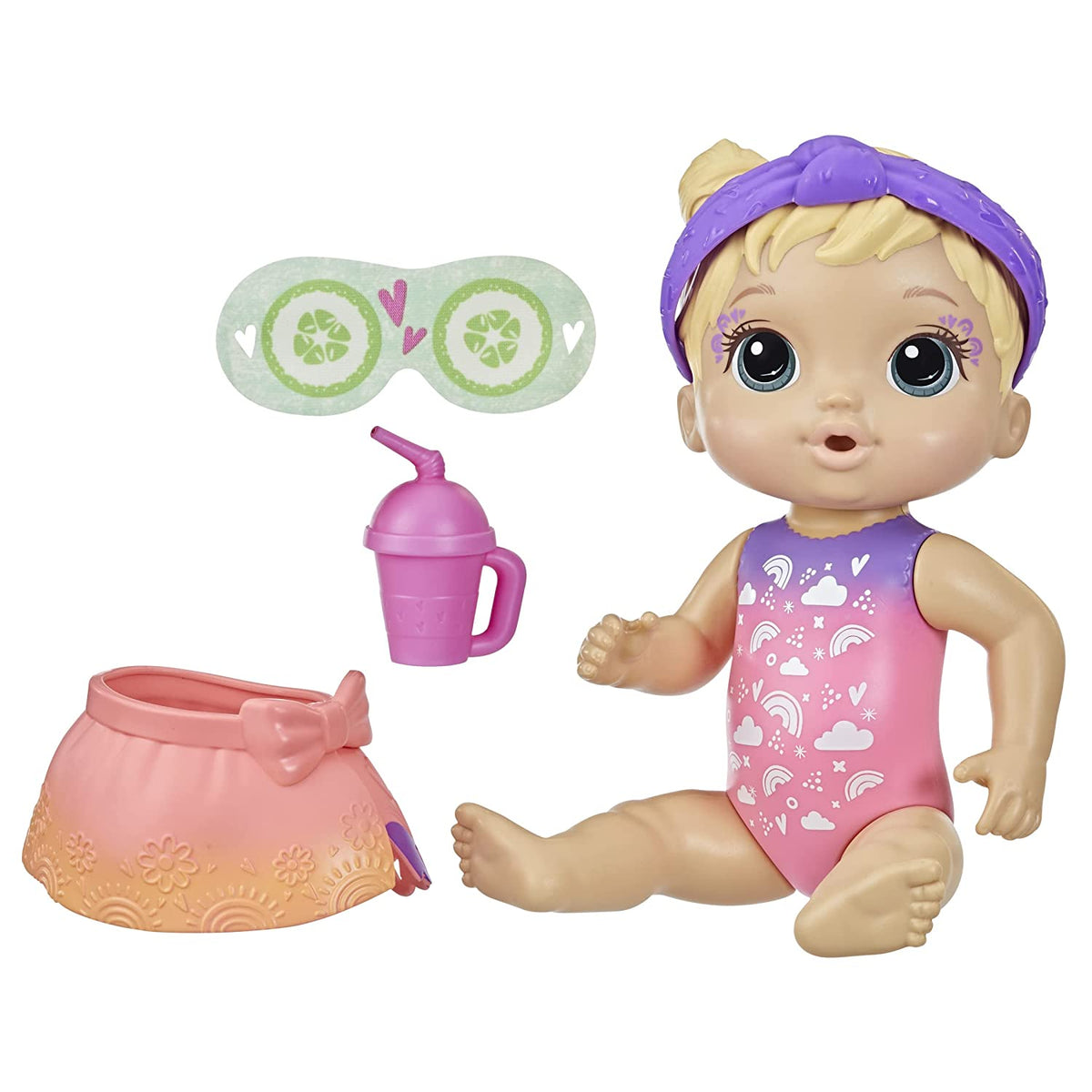 Baby Alive 9-Inch Rainbow Spa Blonde Hair Baby Doll with Eye Mask and Bottle for Kids Ages 3 and Up