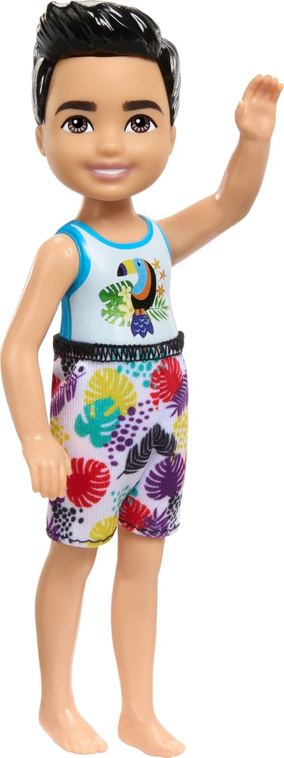 Barbie Chelsea Small Doll With Beach Swimsuit, Toucan & Tropical Leaf Print, Black Hair & Brown Eyes For Kids Ages 3+