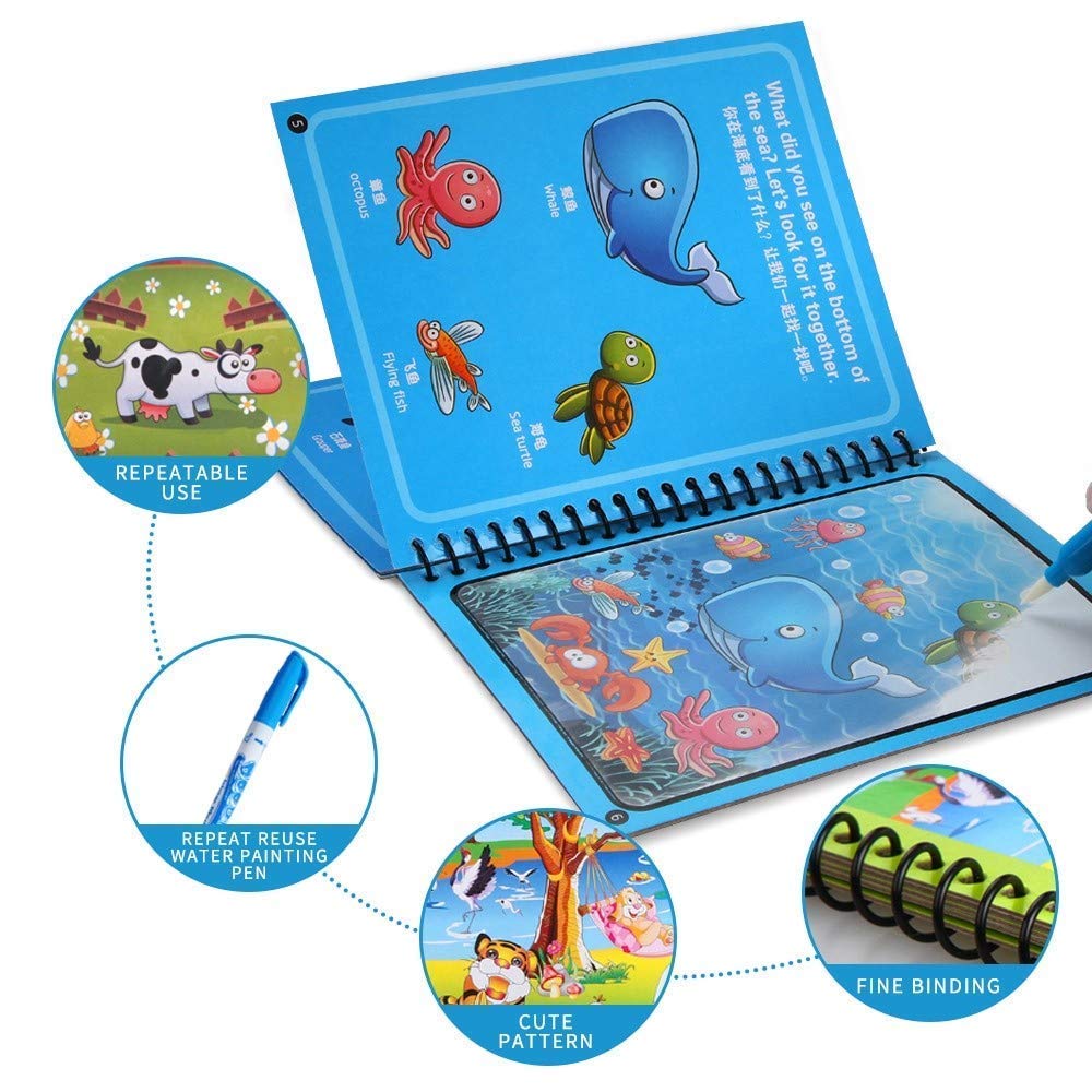 REZNOR Quick Dry Re-Usable Magic Coloring Water Book with Magic Pen (Random Design), Pack of 3