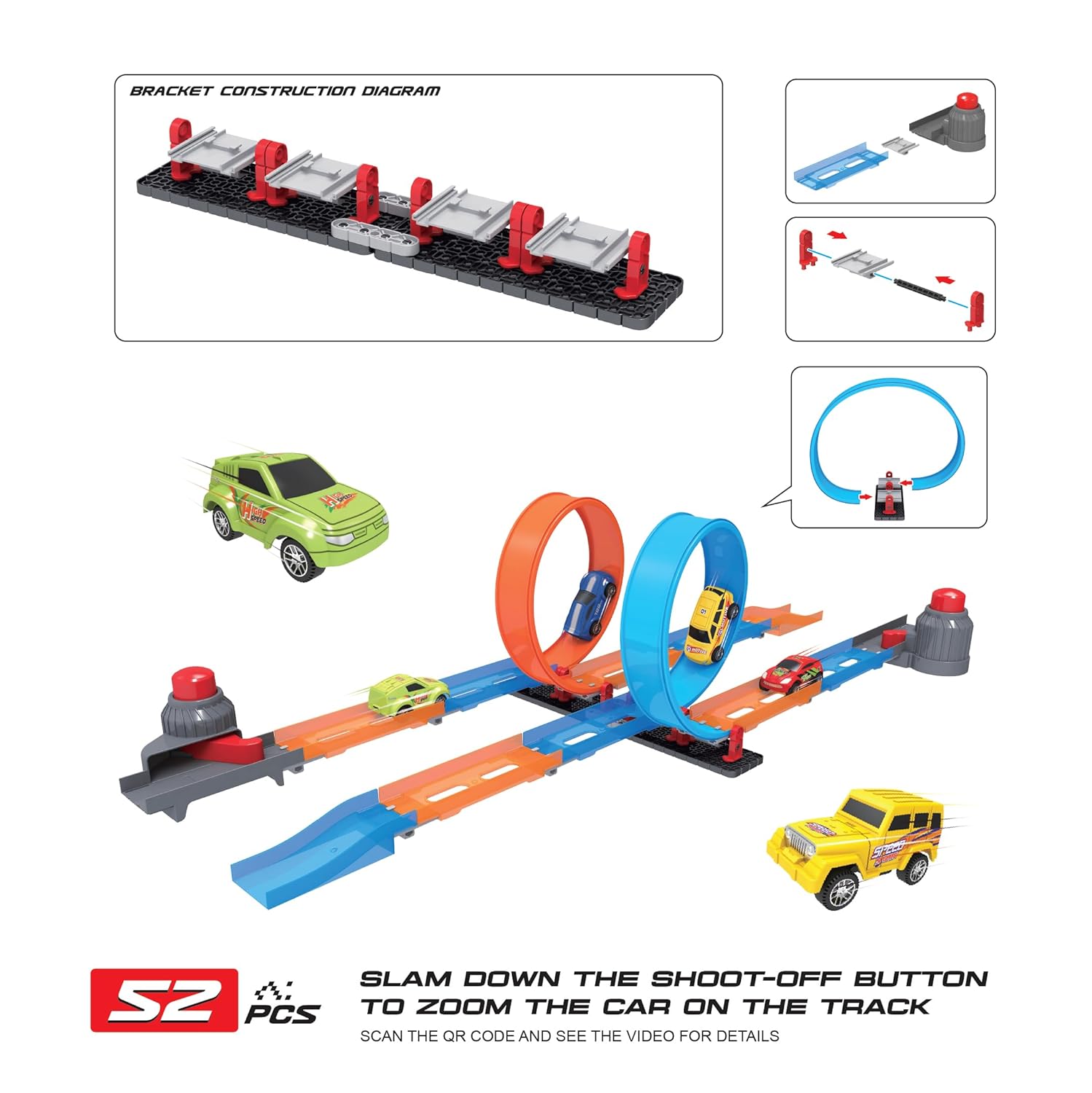 Playzu Shoot Off Challenger Edition Track Set, 52 Pcs Single Twist Loop & 2 Car Track Play Set for 2 Players Ages 6+