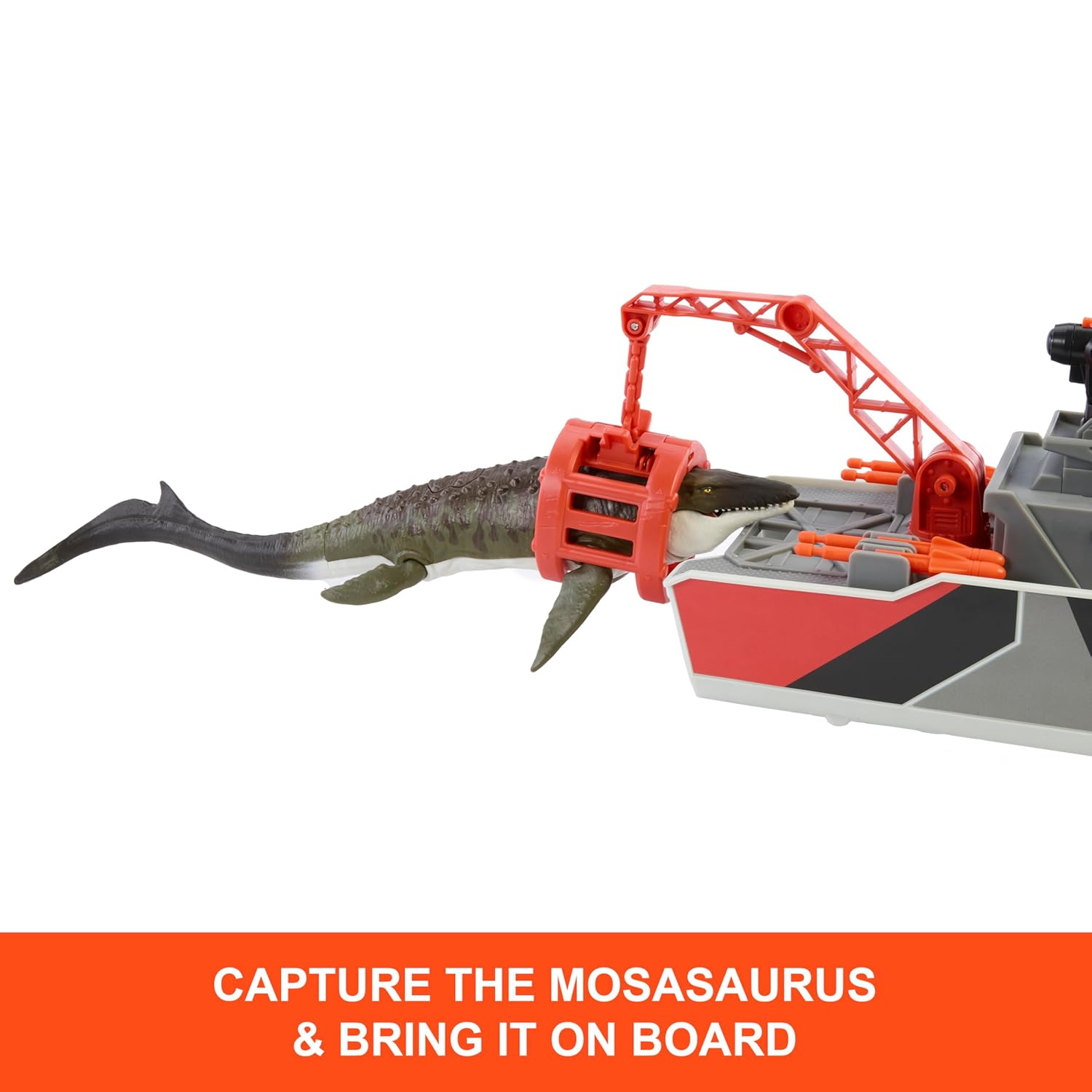 Matchbox Jurassic World Playset with 12.5" Boat with 13" Mosasaurus 1:64 Scale Die-Cast Jeeps, Harpoon Missiles and Removable Rescue Boat for Kids Ages 3+