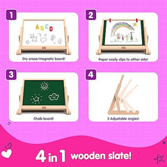 Funskool Giggles Draw N Write Desktop Slate, 4 in 1 Double Sided Board - Chalk Board & Dry Erase/Magnetic Board, Adjustable Angles, Magnetic Letters and Numbers, 3 Years