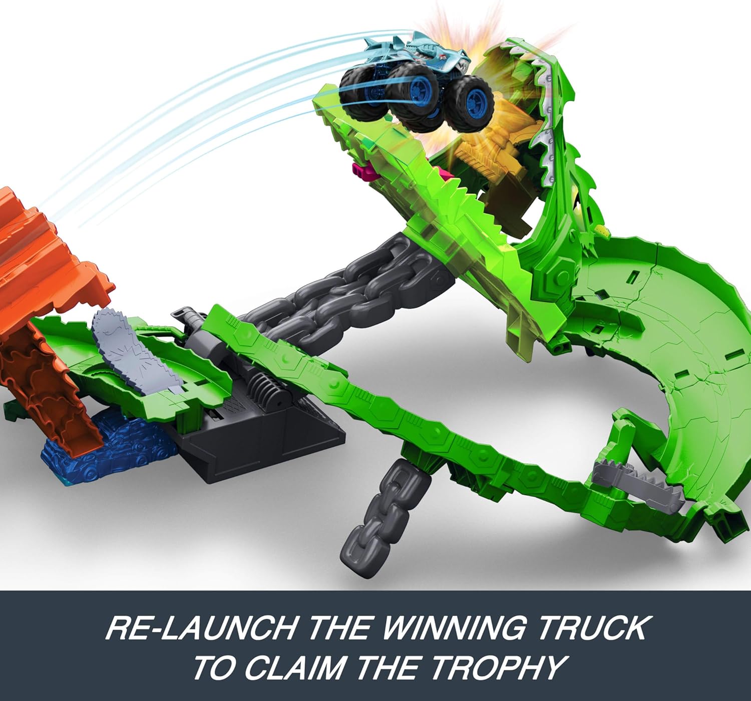 Hot Wheels Monster Trucks Sharks vs. Dinos Dragon Destruction Playset with 1:64 Scale Great Bite & Rageasaur, Race to Defeat The Cyborg Nemesis for Kids Ages 3 Years & Up