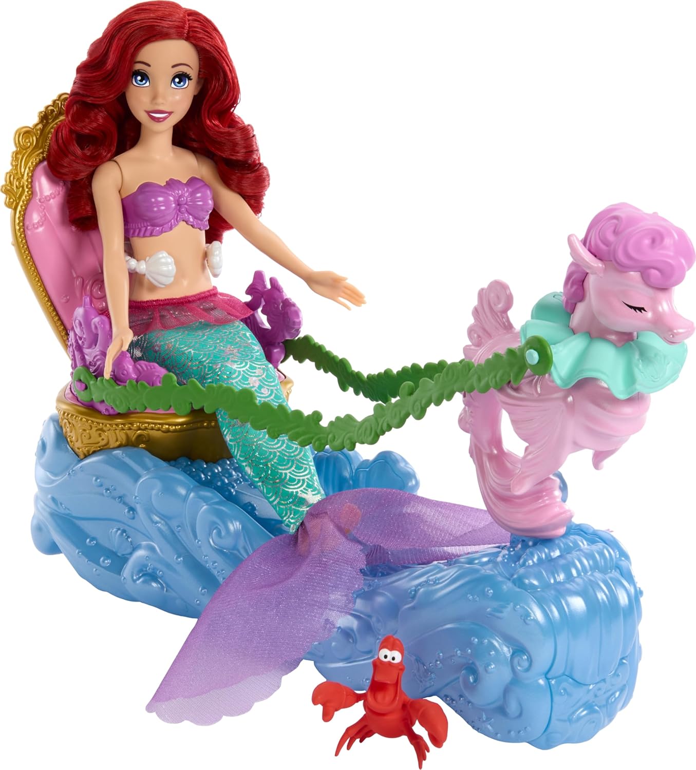 Disney Princess Ariel Mermaid Doll Rolling Chariot with Removable Fashion Tail Sebastian Figure Inspired by Disney The Little Mermaid Movie For