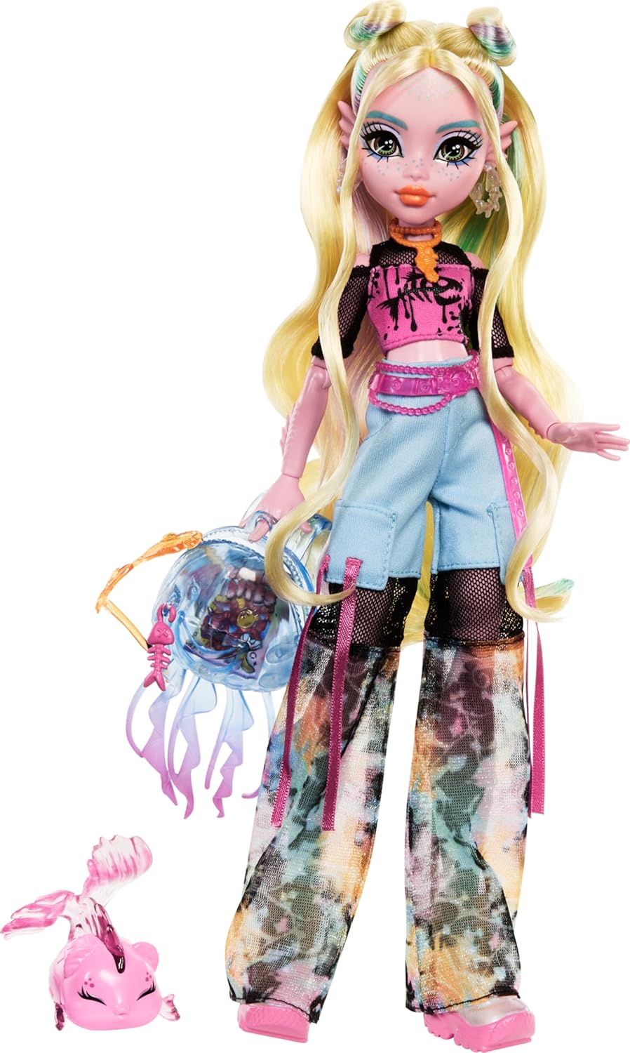 Monster High Lagoona Blue Doll in Mesh Tee and Cargo Pants, includes Pet Fish Neptuna and Accessories like a Backpack, Snack and Notebook