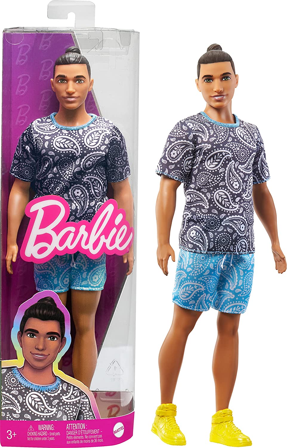 Barbie Ken Fashionistas with Brown Hair in Bun Doll Wearing Paisley Tee and Shorts #204 for Kids Ages 3+