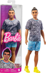 Barbie Ken Fashionistas with Brown Hair in Bun Doll Wearing Paisley Tee and Shorts #204 for Kids Ages 3+