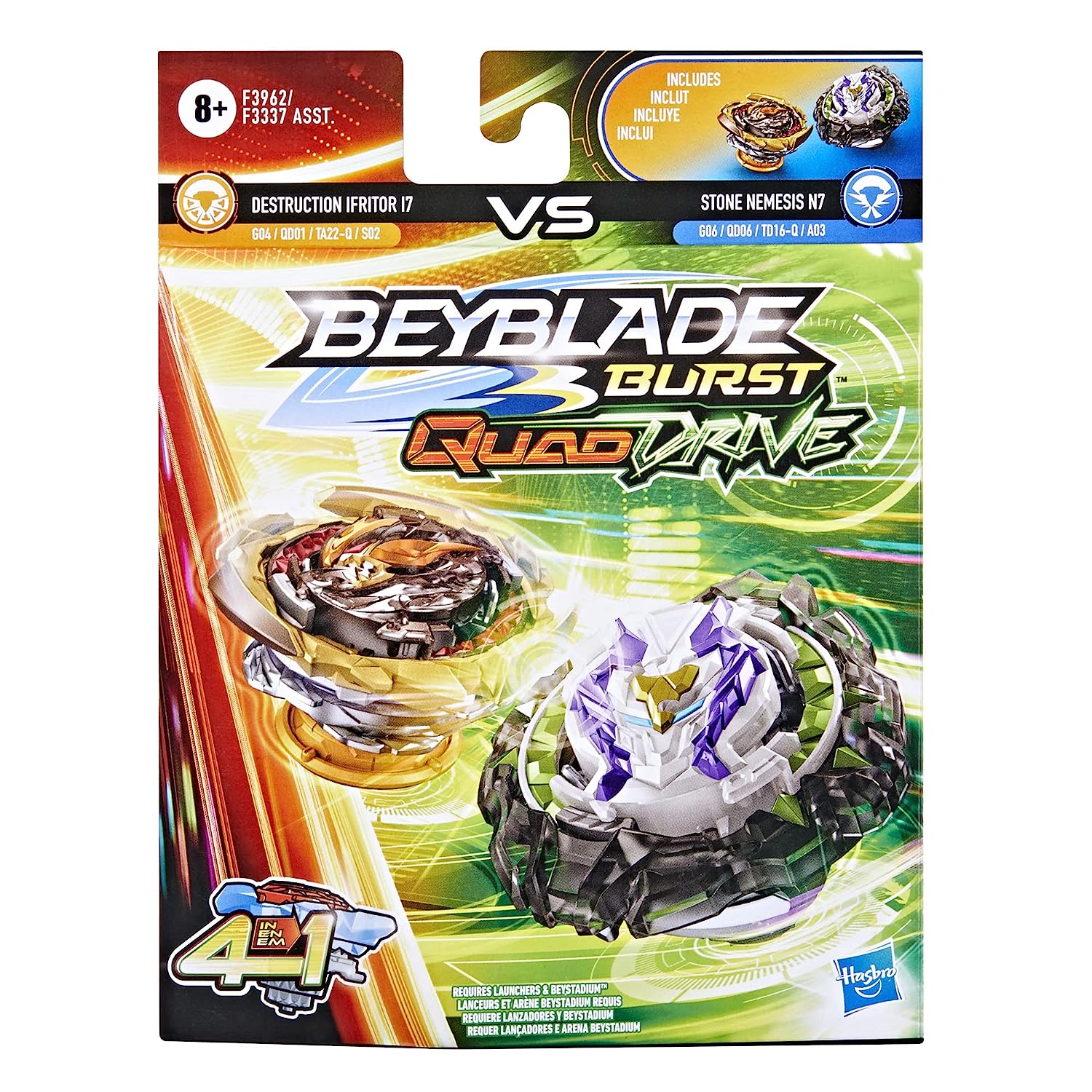 Beyblade Burst QuadDrive Destruction Ifritor I7 and Stone Nemesis N7 Spinning Top Dual Pack for Kids Ages 8 and Up