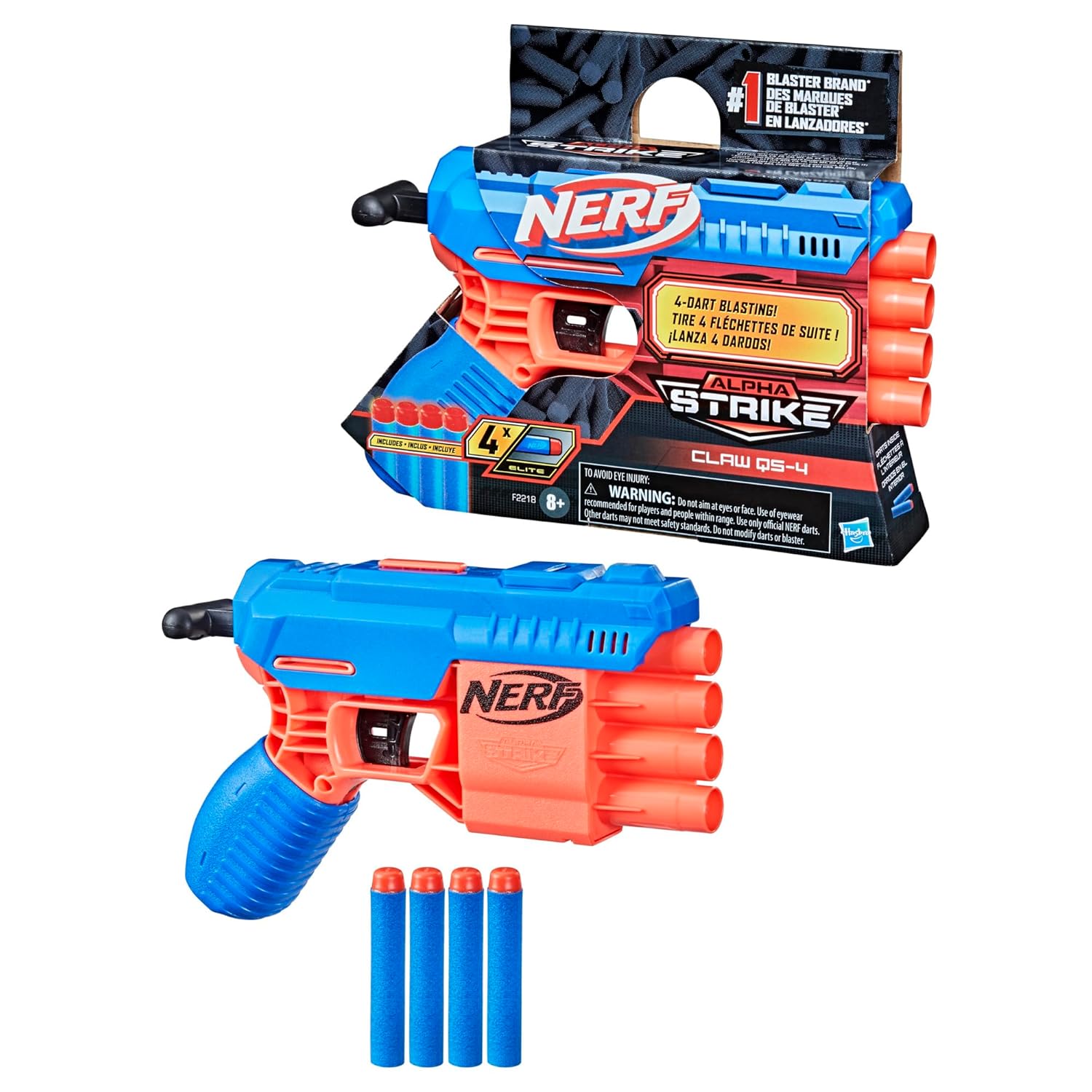 Nerf Alpha Strike Claw Qs-4 Blaster with 4 Official Nerf Elite Foam Darts for Kids Ages 8 Years and Up