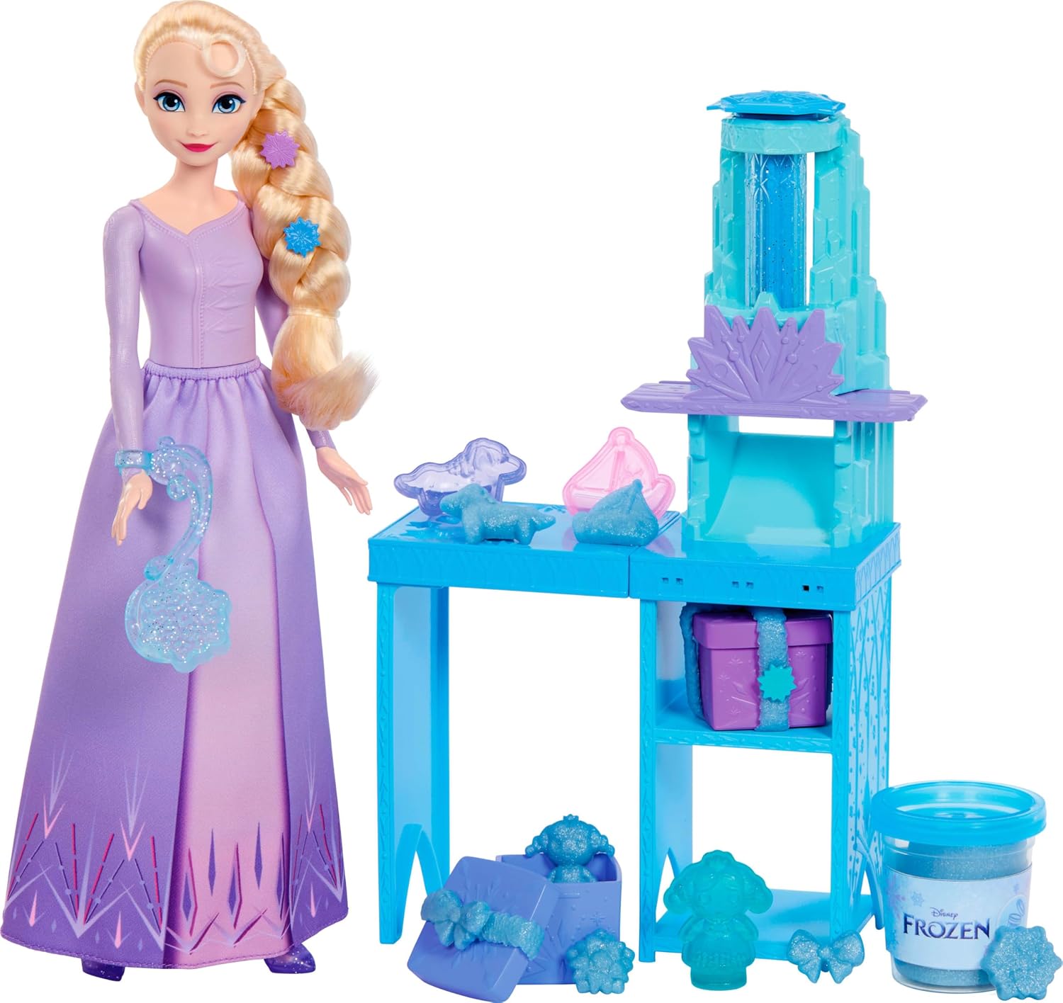Disney Frozen Elsa Fashion Doll in Purple Look with ICY Creations Playset, Sparkly Dough, 3 Molds & 6 Accessories Inspired by Movie