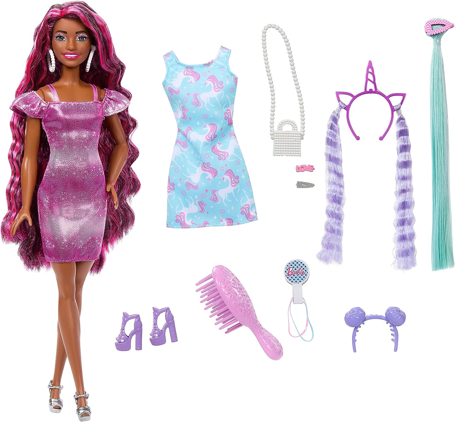 Barbie Fun & Fancy Brunette Hair Doll with Extra-Long Colorful Hair and Shimmery Pink Dress and 10 Hair and Fashion Play Accessories for Kids Ages 3+