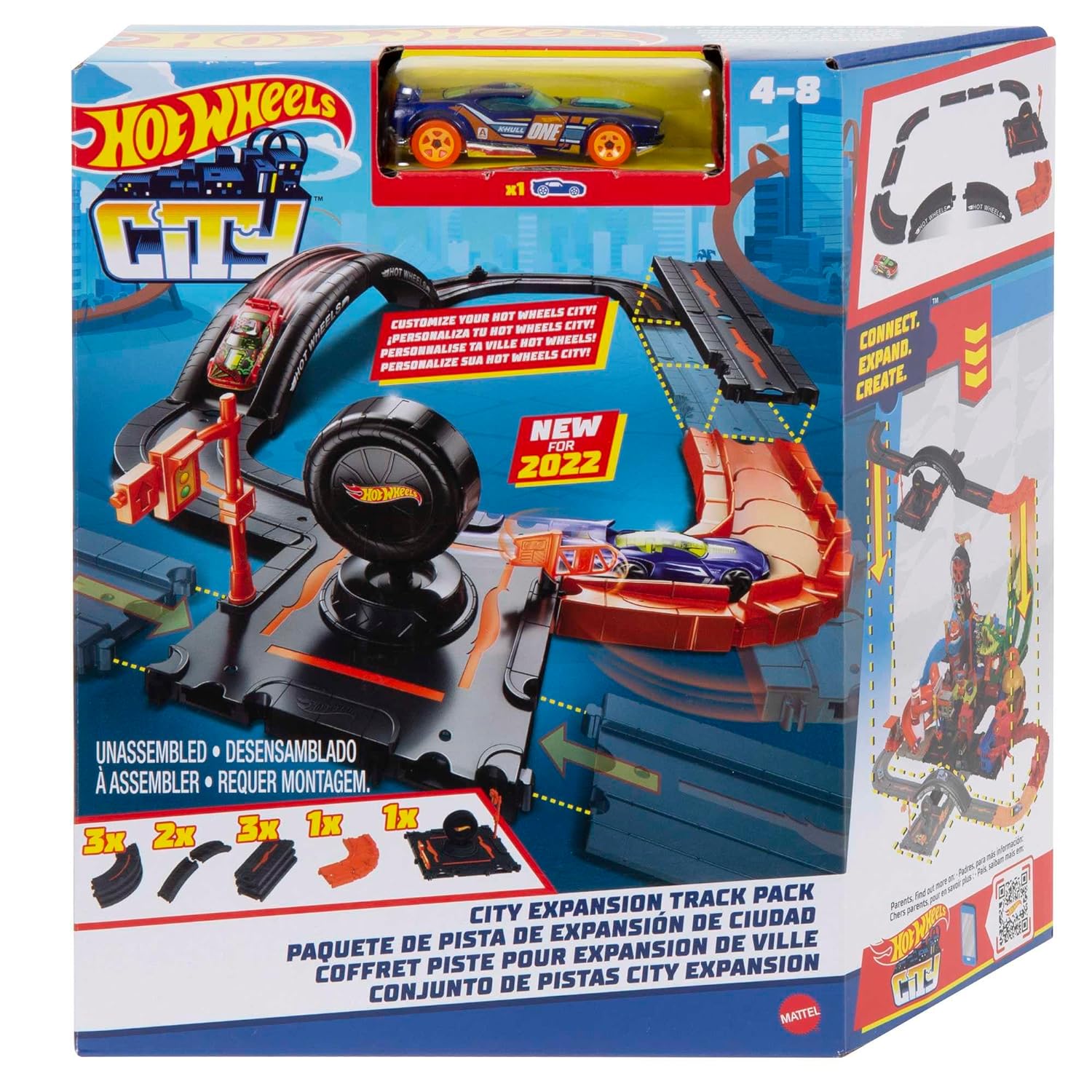 Hot Wheels City Track Pack, 10 Piece Set Includes Track Base & Various Track Pieces to Build a Cityscape, with 1 Car, Connects to Other Sets, Gift for Kids 4 Years & Up
