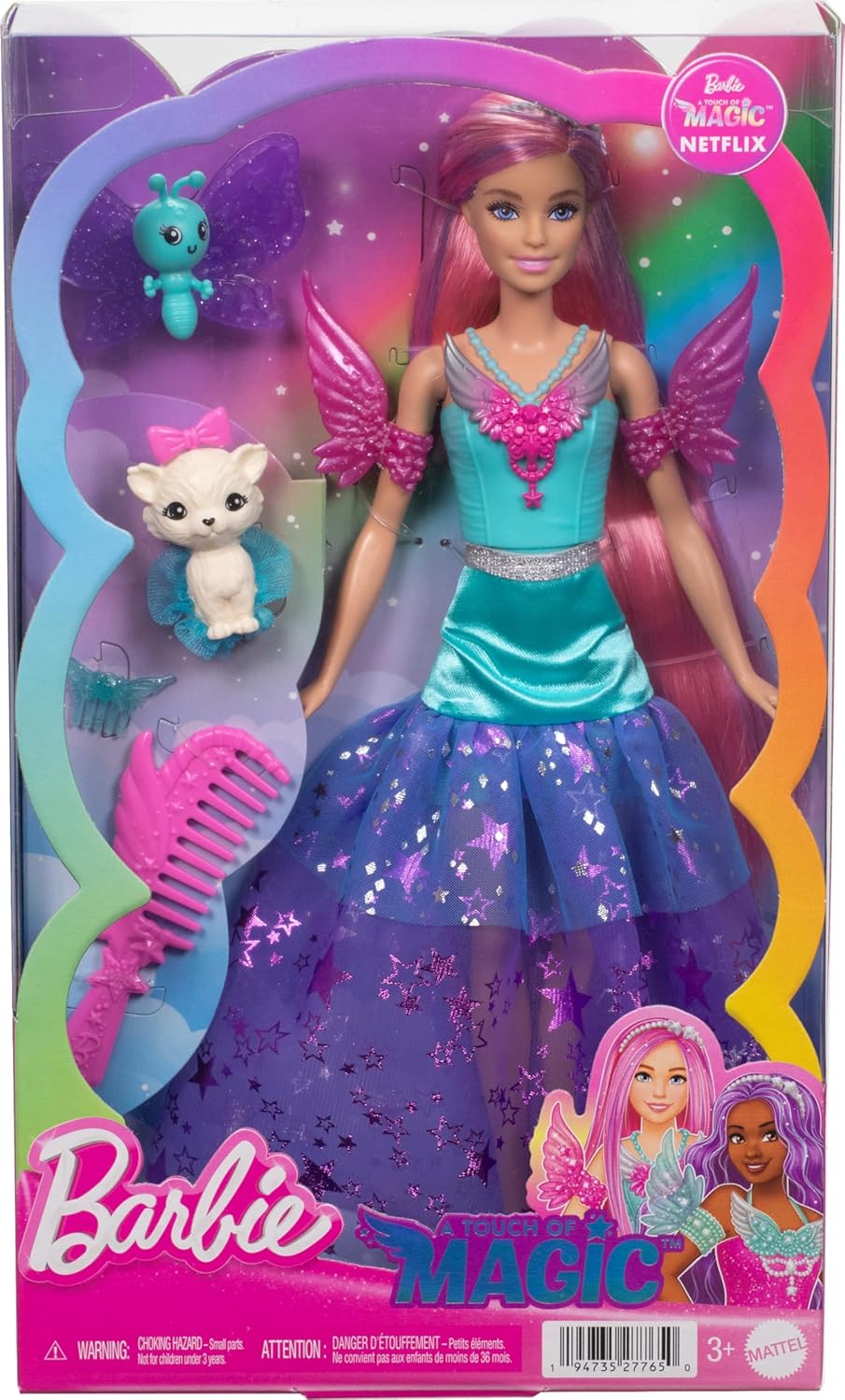 Barbie 7-inch Long Hair Malibu Doll with 2 Fantasy Pets & Dress, from A Touch of Magic for Kids Ages 3+
