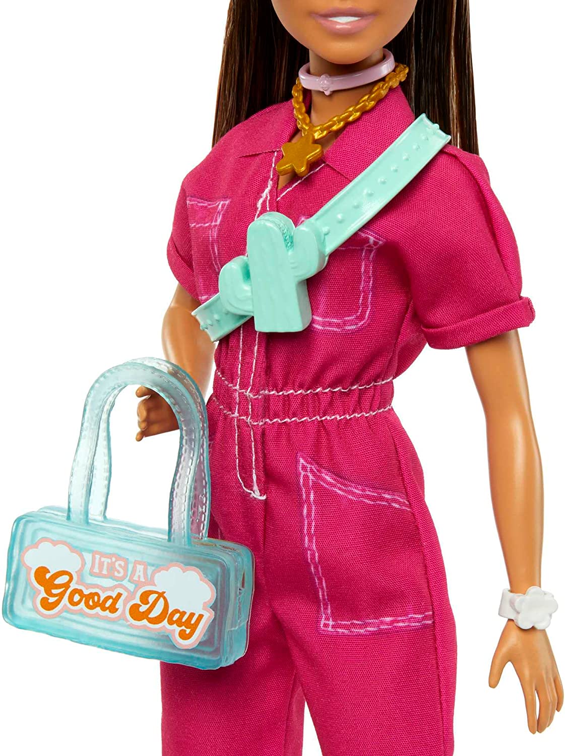 Barbie Brown Hair Doll in Trendy Pink Jumpsuit with Storytelling Accessories and Pet Puppy for Ages 3+