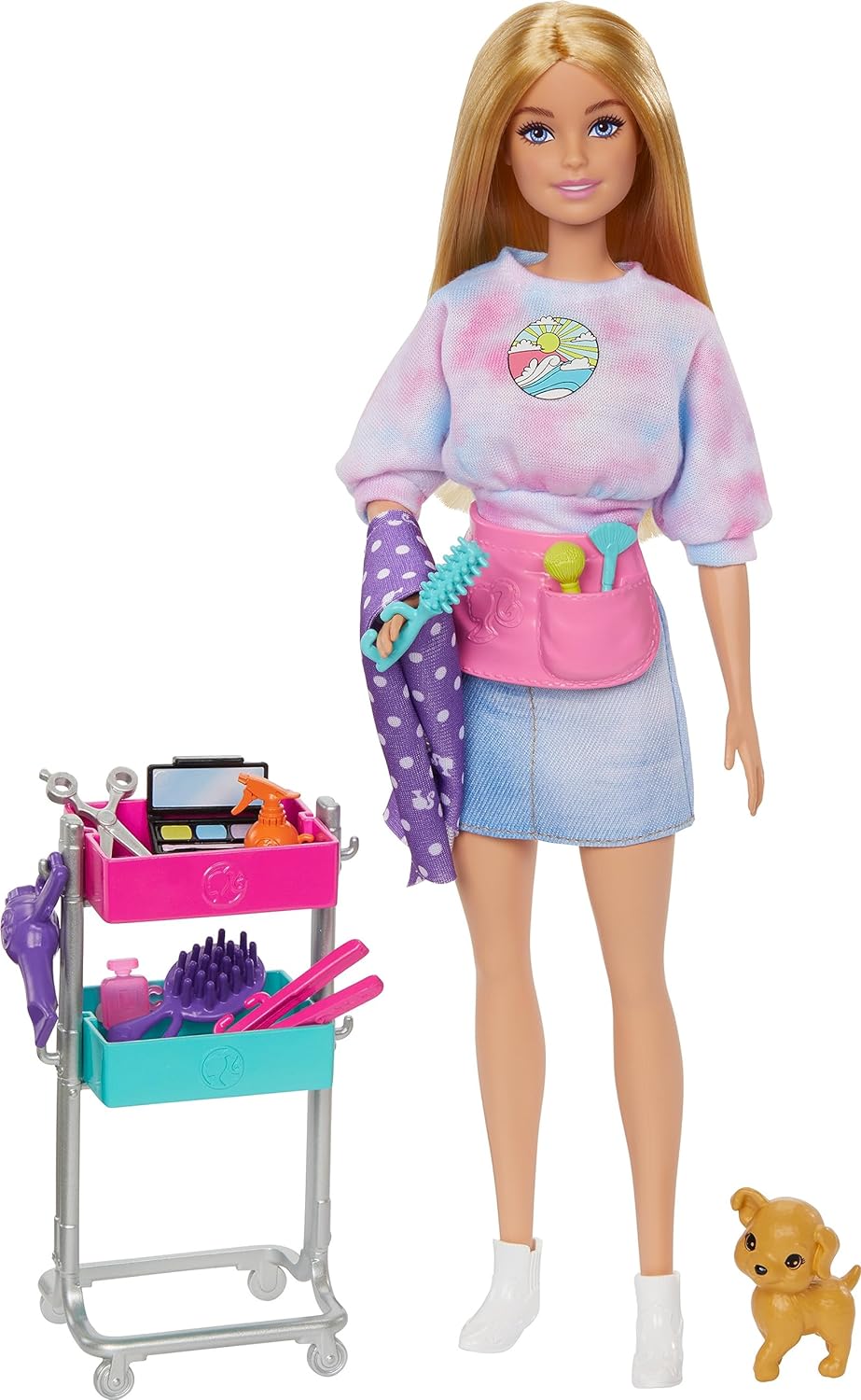Barbie Malibu Stylist Doll & 14 Accessories Playset, Hair & Makeup Theme with Puppy & Styling Cart