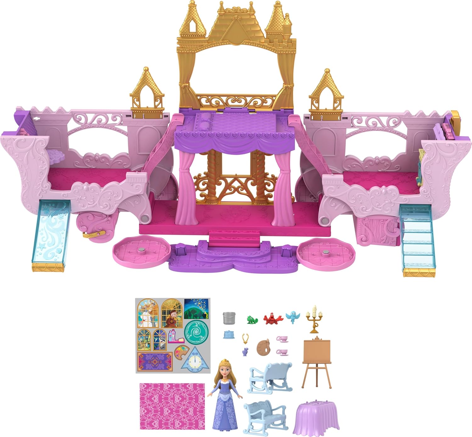 Disney Princess Carriage to Castle Transforming Playset with Aurora Small Doll, 4 Figures, Furniture & Accessories for Kids Ages 3 Years & Up