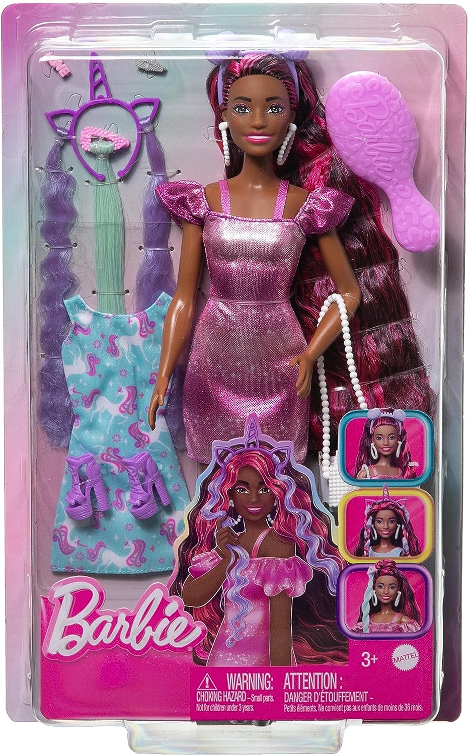 Barbie Fun & Fancy Brunette Hair Doll with Extra-Long Colorful Hair and Shimmery Pink Dress and 10 Hair and Fashion Play Accessories for Kids Ages 3+