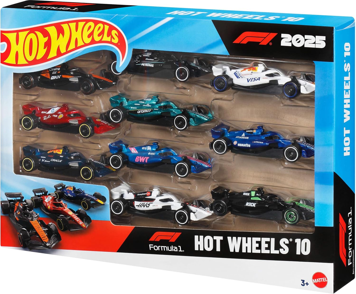 Hot Wheels Formula 1 Set of 10 1:64 Scale Die-Cast Racecars Toy Cars Representing Each 2025 F1 Racing Team