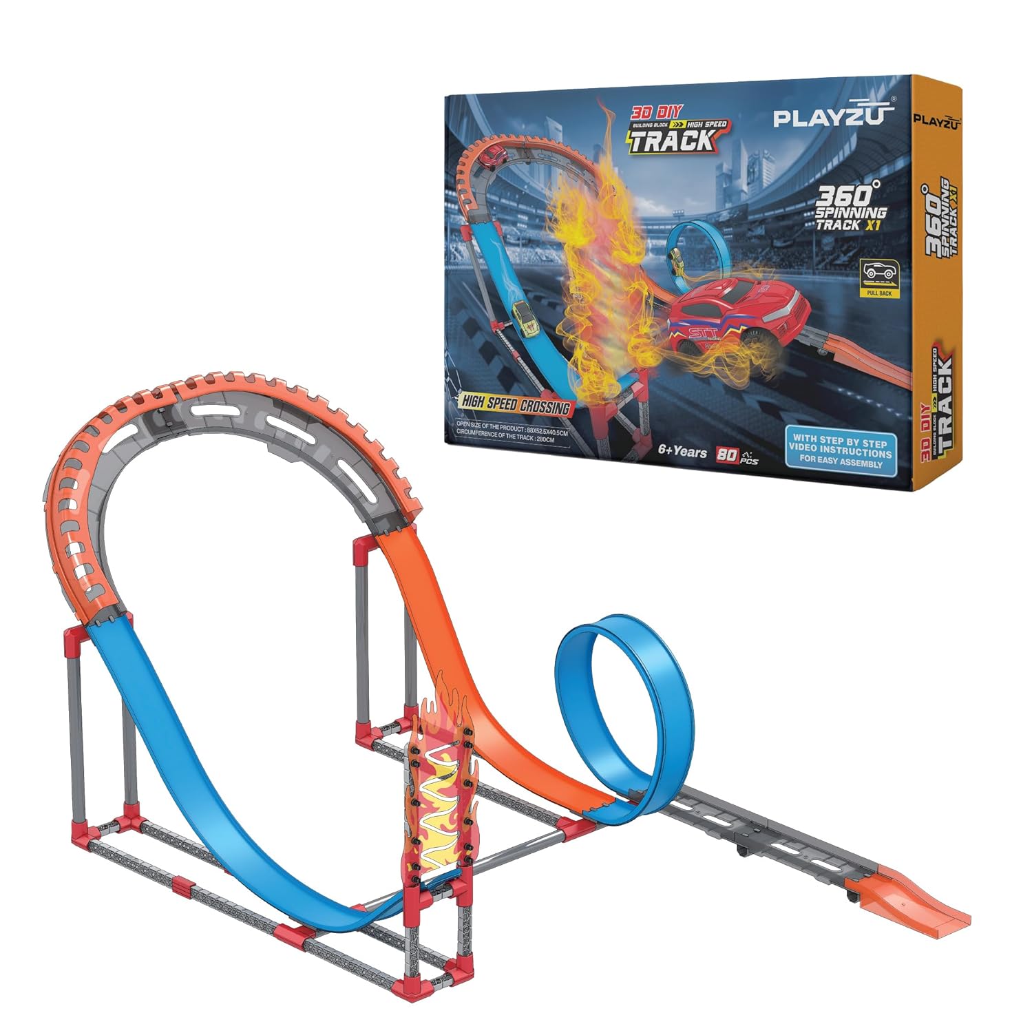 Playzu High Speed Pull Back -Rally 81 pcs Single 360 Degree Loops Racing Track Game with Building Block Sets and Two Strong 1:64 Scaled Pull Back Cars for Ages 6+