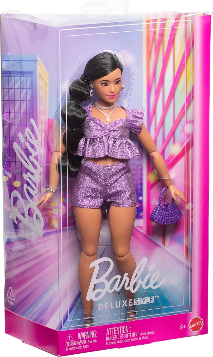 Barbie Deluxe Style #8 Black Hair in Braid in Metallic Purple Top and Sparkly Shorts Doll, Accessories for Kids Ages 4+