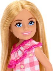 Barbie Chelsea Doll, Small Doll Wearing Removable Checked Dress & Pink Shoes with Blonde Hair & Blue Eyes