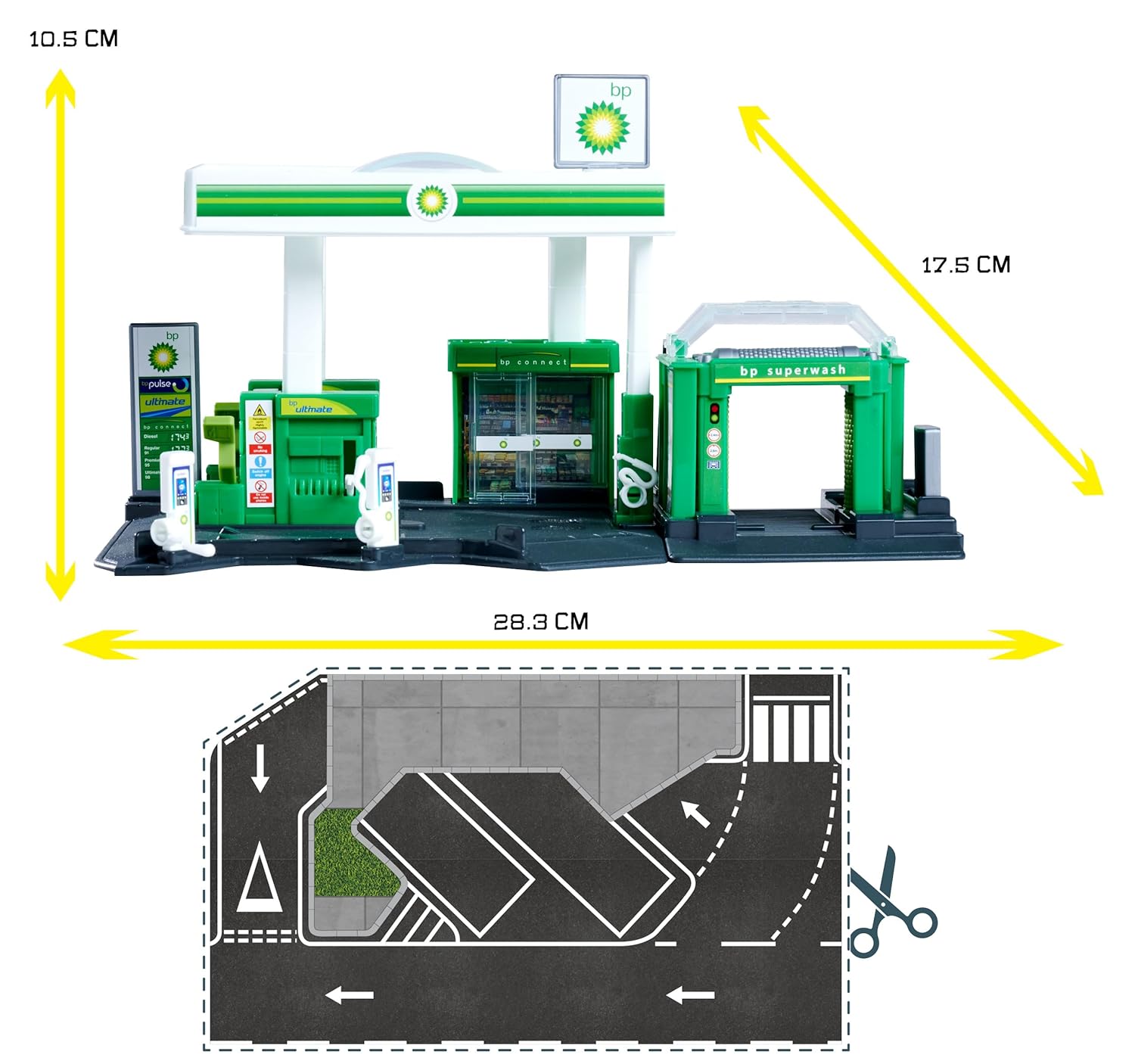 Majorette Petrol Station BP Imaginative Role-Play Set Includes 1 Fuel Tanker, Features Fuel Pump & EV Charger, Car wash and Shop Suitable for 1:64 Scale Vehicles for Kids Ages 5 Years & Up