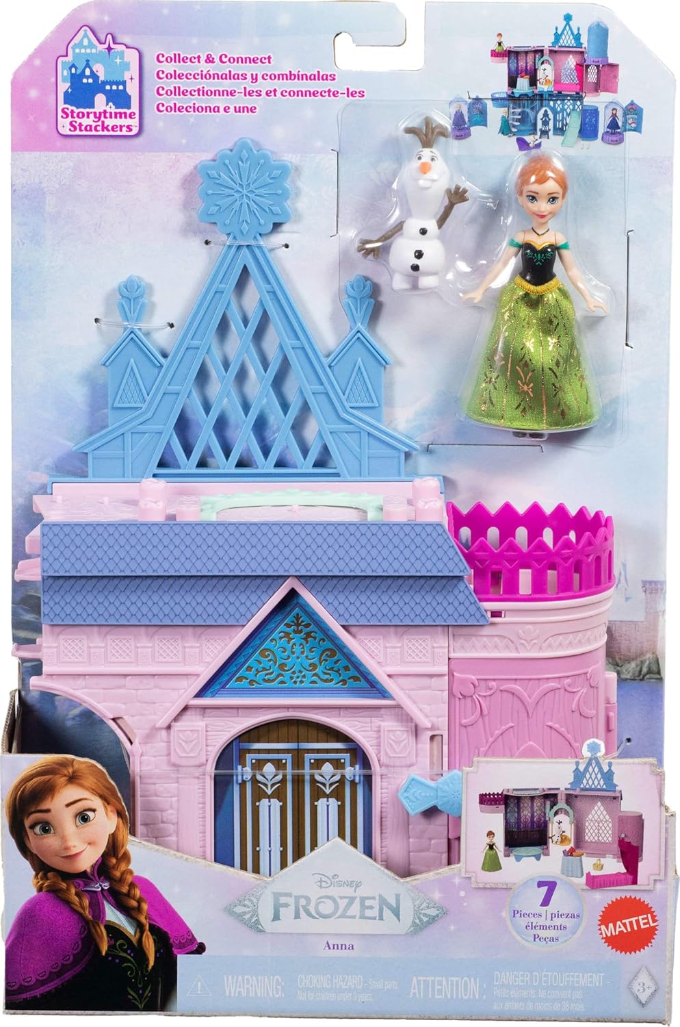 Disney Frozen Storytime Stackers Playset Anna's Castle in Arendelle Doll House with Small Doll, Olaf and 7 Accessories For Kids Ages 4+