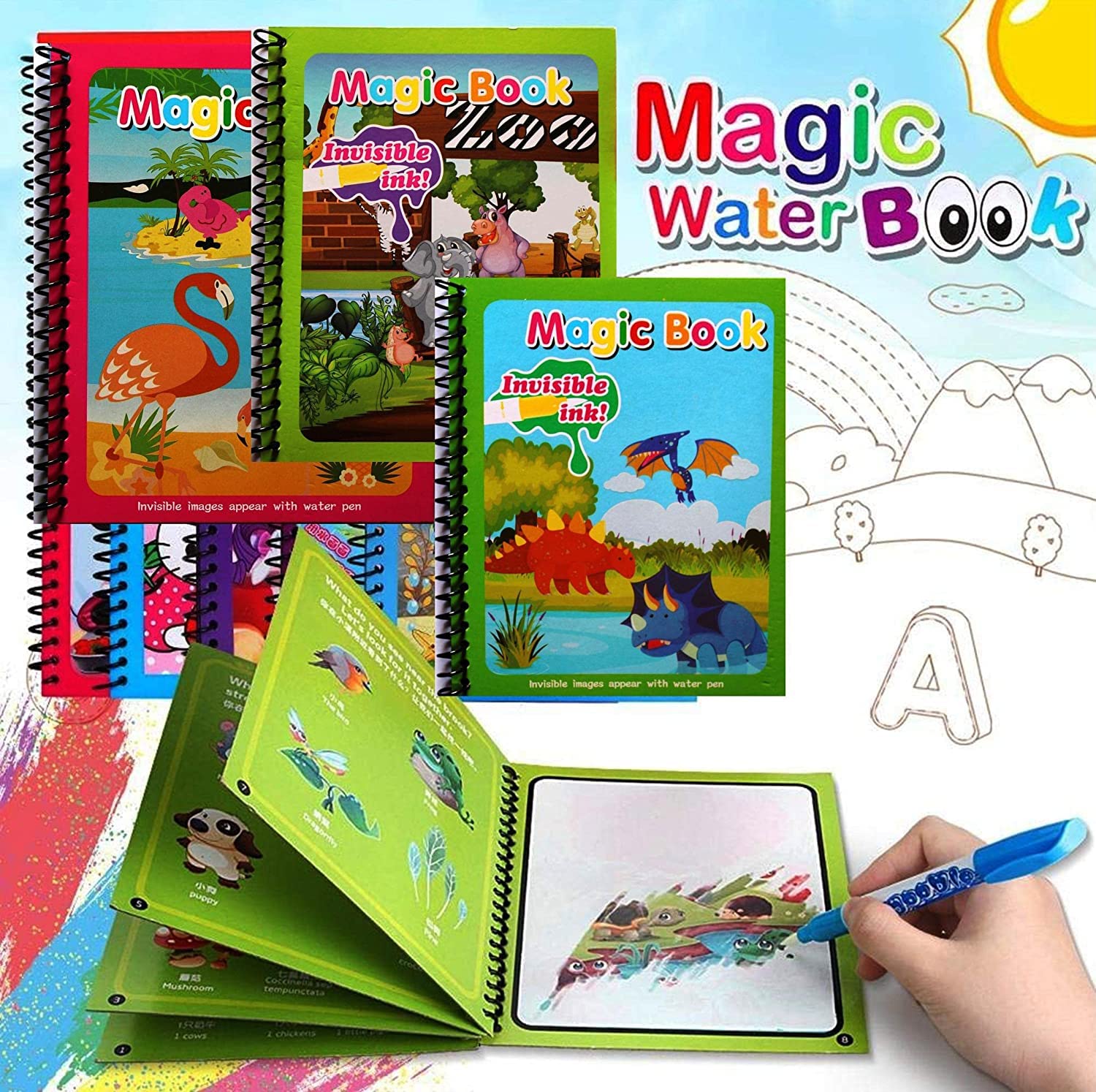 REZNOR Quick Dry Re-Usable Magic Coloring Water Book with Magic Pen (Random Design), Pack of 3