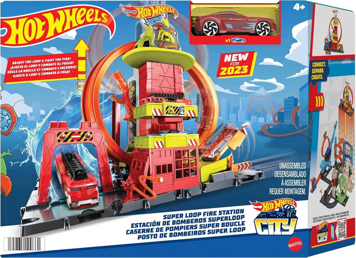 Hot Wheels City with 1 Toy Car, Kid-Powered Elevator, Water-Like Ramp, Track-Play Features, Connects to Other Sets, Fire Station with Super Loop​​ For Ages 4+