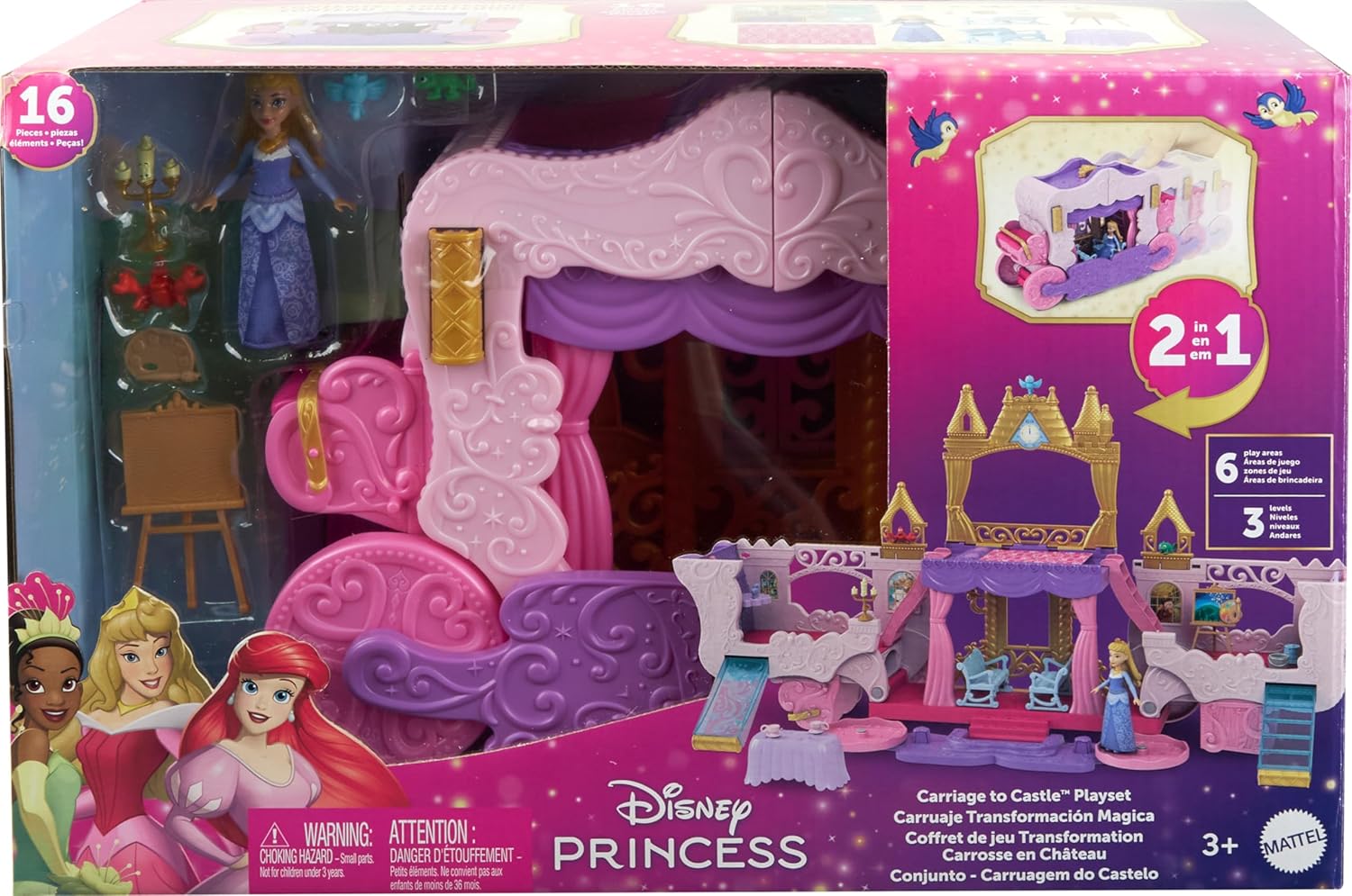 Disney Princess Carriage to Castle Transforming Playset with Aurora Small Doll, 4 Figures, Furniture & Accessories for Kids Ages 3 Years & Up