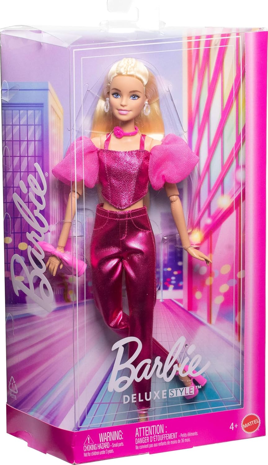 Barbie Deluxe Style Doll #5 in Metallic Pink Outfit, Blonde Hair, Sparkly Corset Top and Shiny Pants with Accessories Like Rose Necklace and Handbag