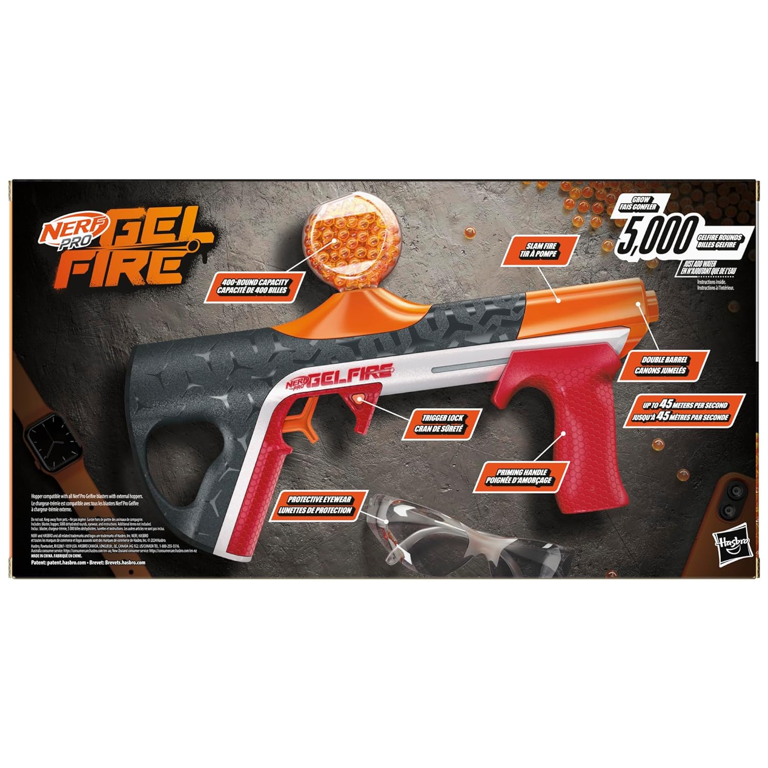 Nerf Pro Gelfire Quadrant Blaster, 150 FPS, 5,000 Gelfire Rounds, 4 Round Slam Fire, 400 Round Hopper, Eyewear, Ages 14+