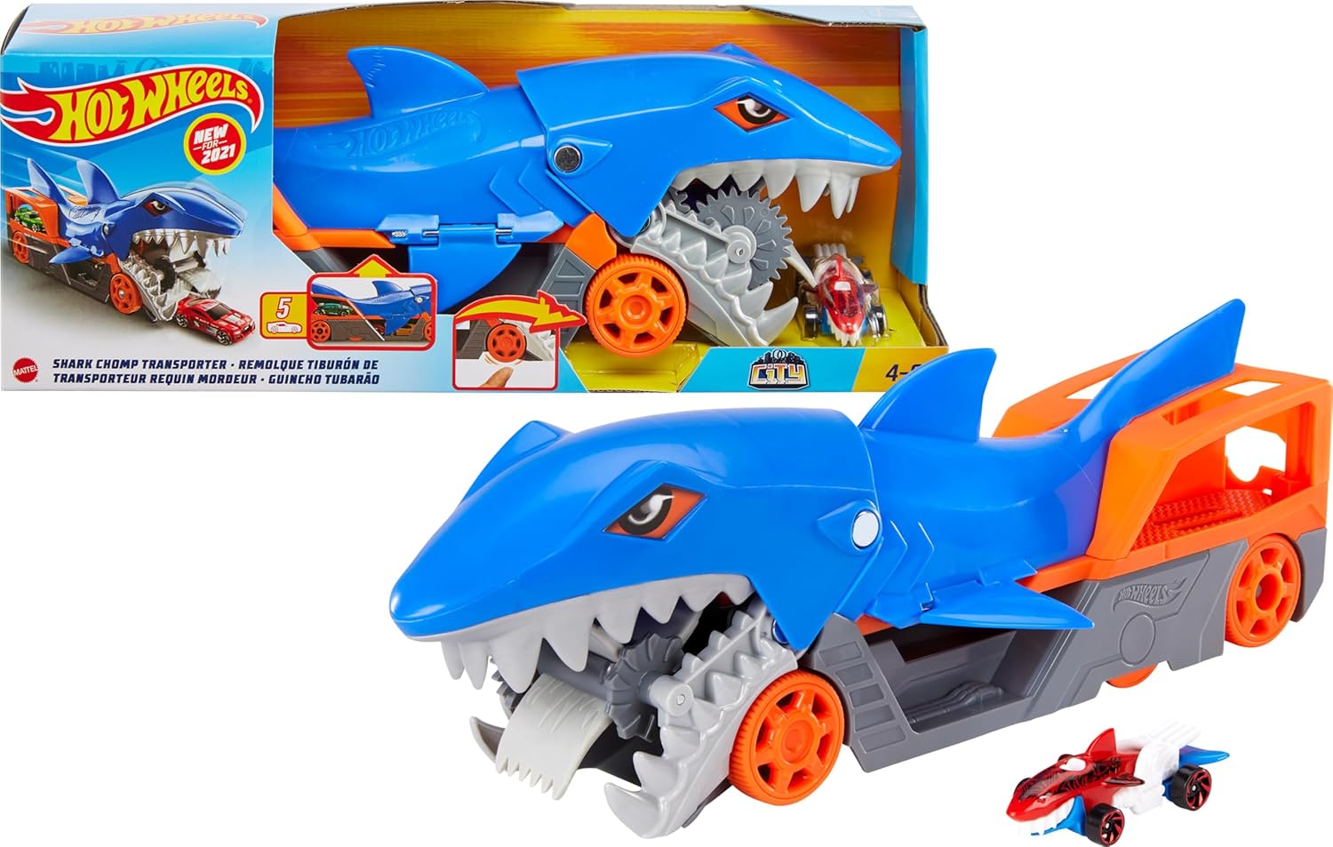 Hot Wheels Shark Chomp Transporter Playset with One 1:64 Scale Car for Kids Ages 4 Years & Up