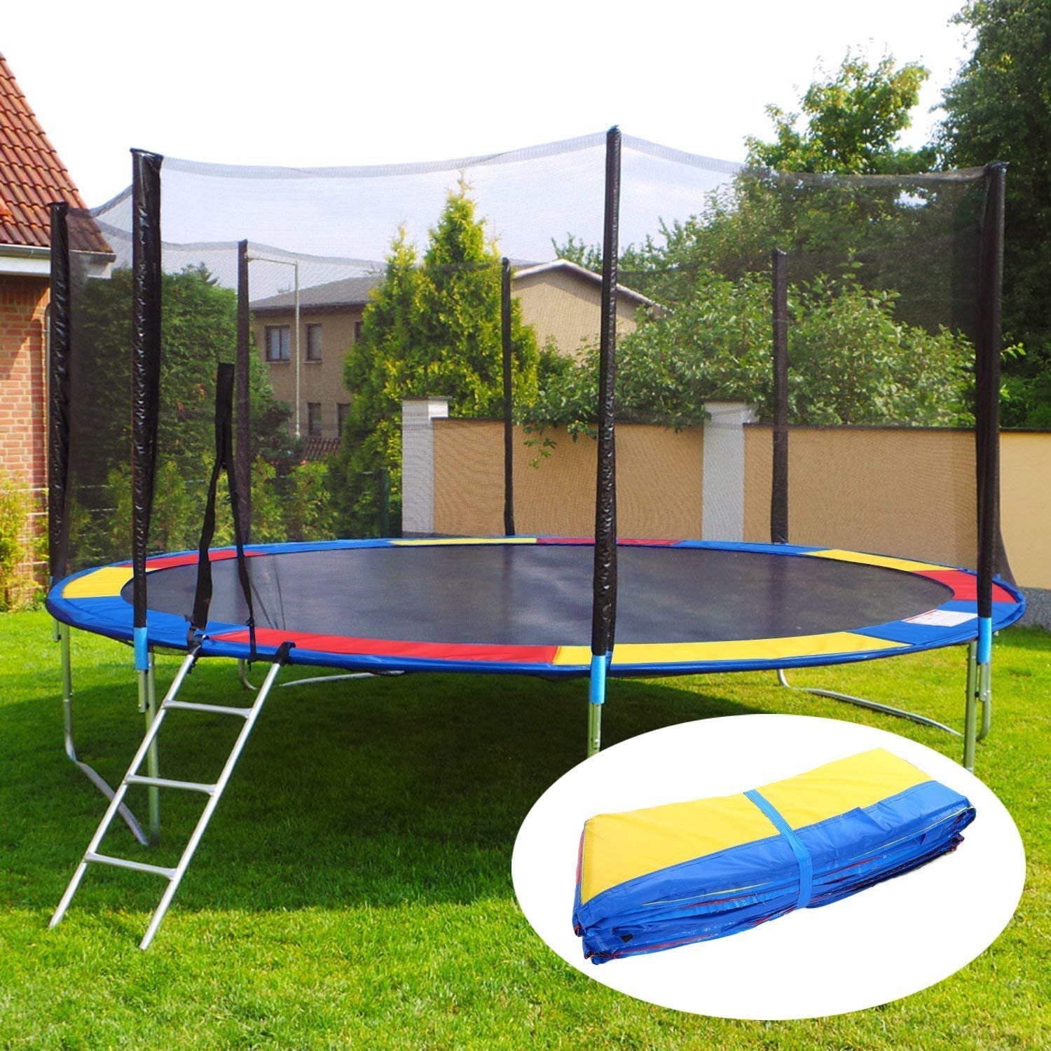 REZNOR 14 Feet Rainbow Color Trampoline with Enclosure Safety Net & Jumping Pad for Children Kids & Adults