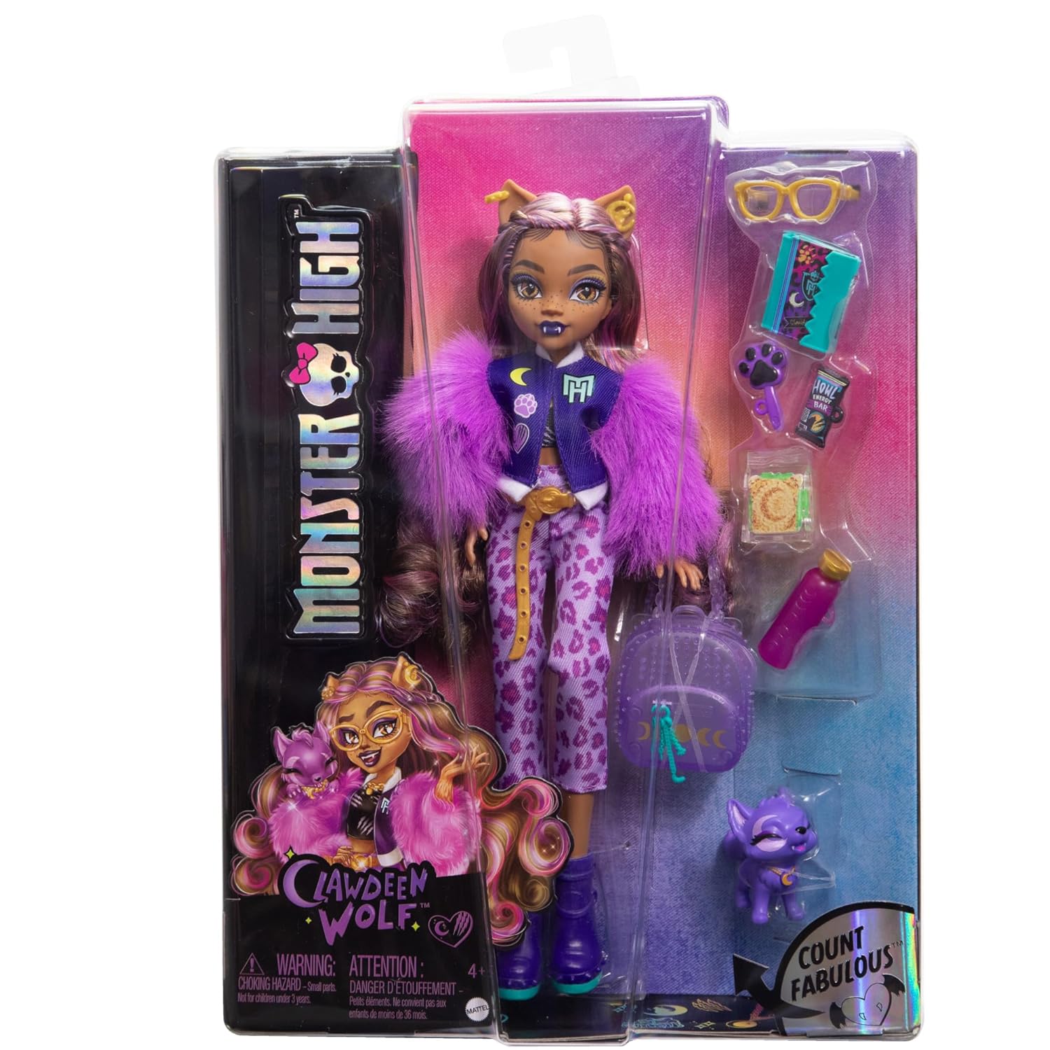 Monster High Clawdeen Wolf Doll with Pet Dog Crescent and Accessories Like Backpack, Planner, Snacks and More for Kids Ages 4+