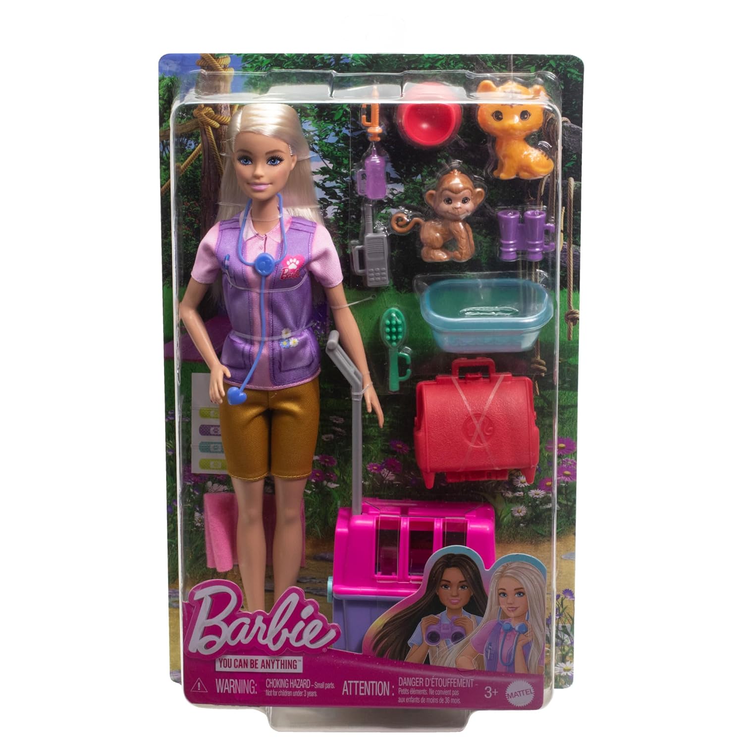 Barbie Careers Animal Rescue & Recovery Playset with Blonde Doll Baby Monkey & Tiger Figures, Carrier & Accessories for Kids Ages 3+