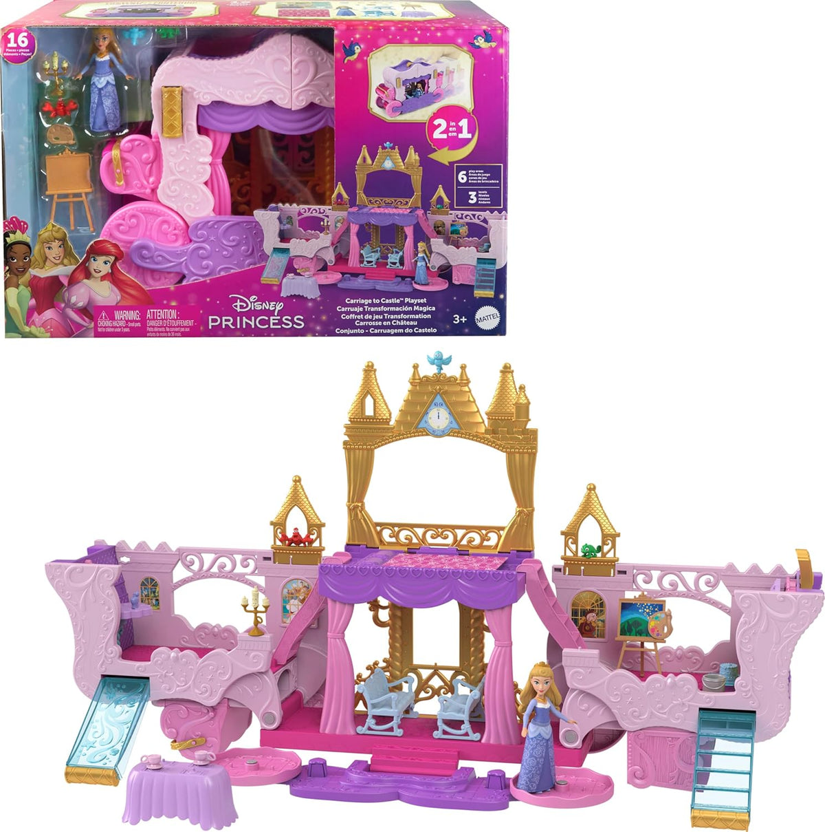 Disney Princess Carriage to Castle Transforming Playset with Aurora Small Doll, 4 Figures, Furniture & Accessories for Kids Ages 3 Years & Up