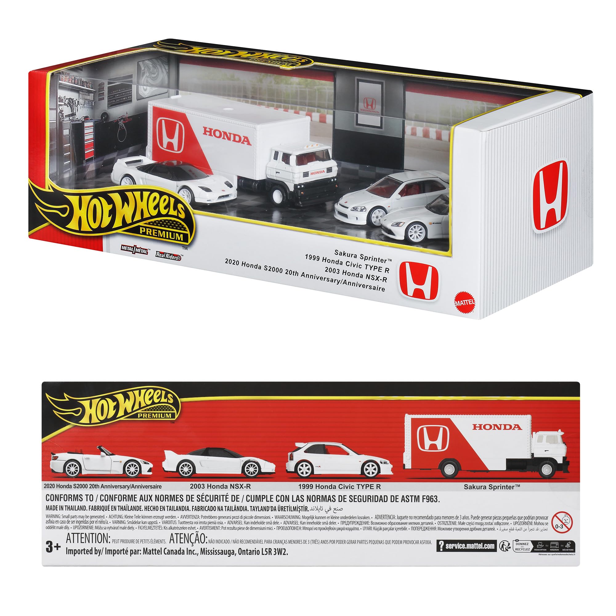 Hot Wheels Premium Honda Series Display Set Pack With 1:64 Scale Cars & 1:64 Scale Team Transport Vehicle including Metal Chassis & Real Riders Tires for Collectors