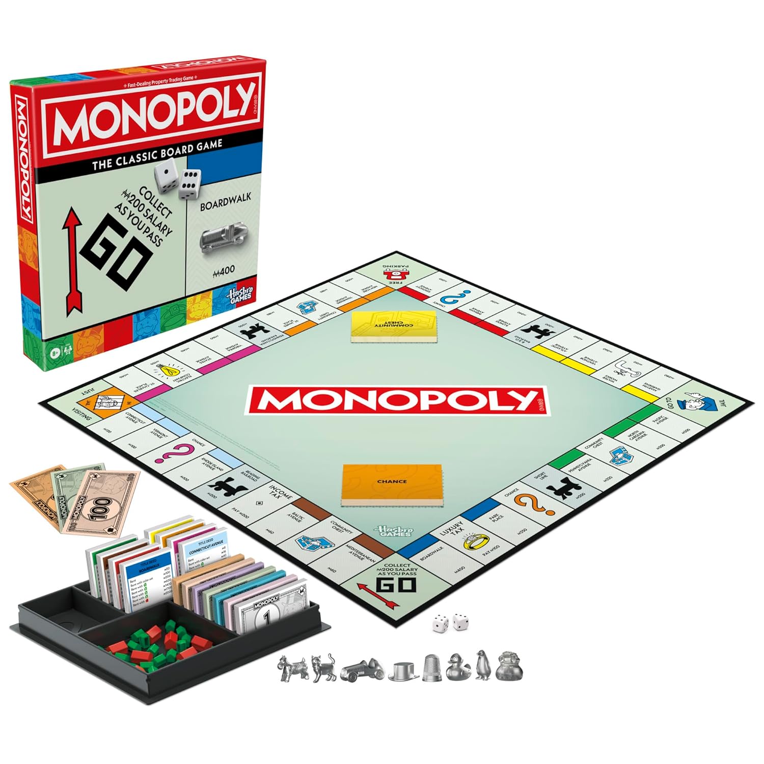 Monopoly Classic Refresh Board Game with Storage Tray and Larger Tokens 2 to 6 Players Family Games for Kids and Adults Ages 8+