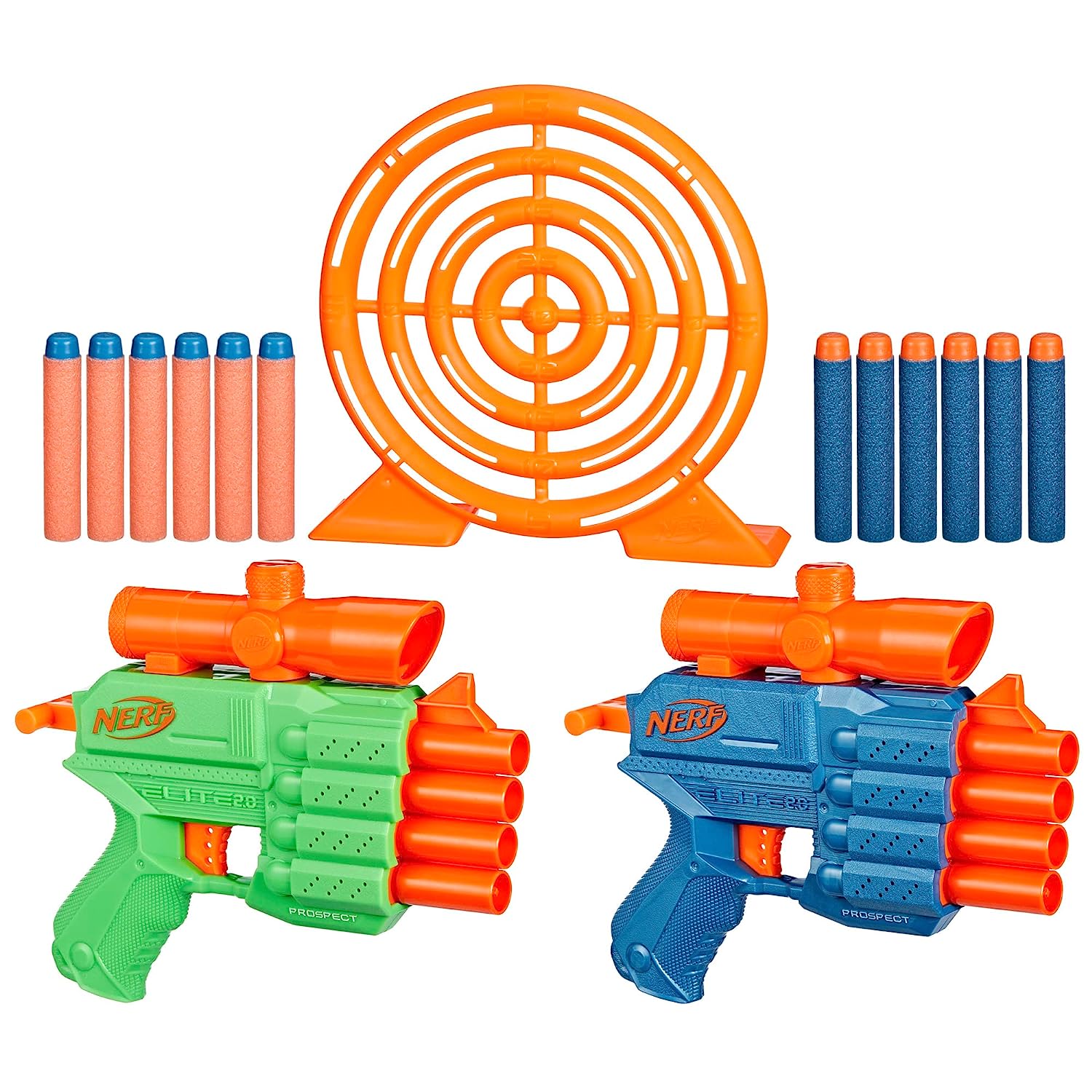 Nerf Elite 2.0 Face Off Target Set, Includes 2 Dart Blasters & Target & 12 Nerf Elite Darts, Toy Foam Blasters for Kids Outdoor Games