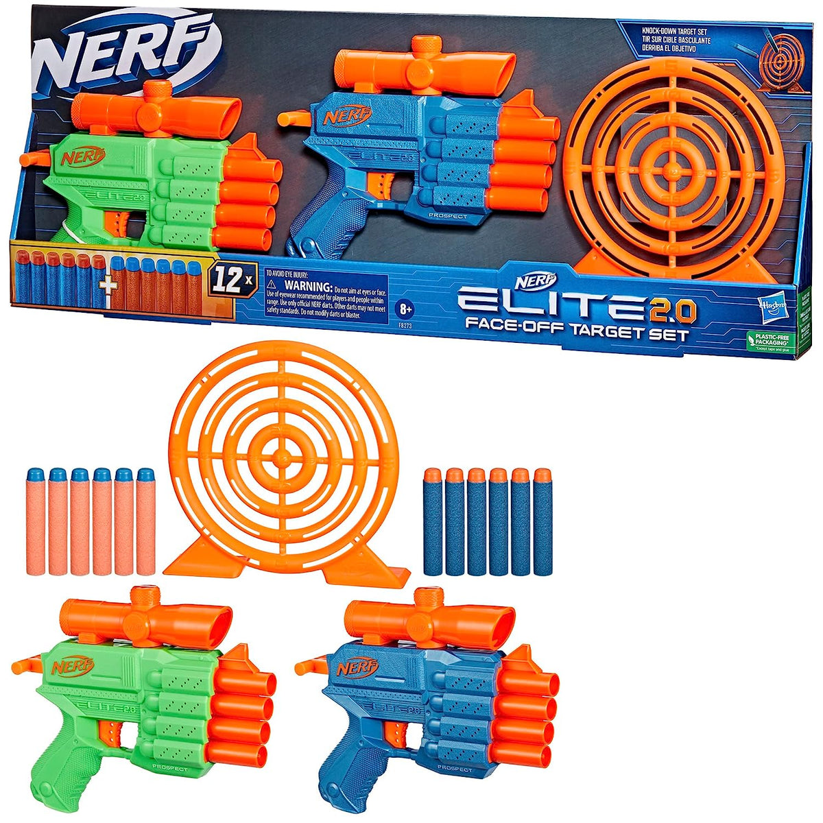 Nerf Elite 2.0 Face Off Target Set, Includes 2 Dart Blasters & Target & 12 Nerf Elite Darts, Toy Foam Blasters for Kids Outdoor Games