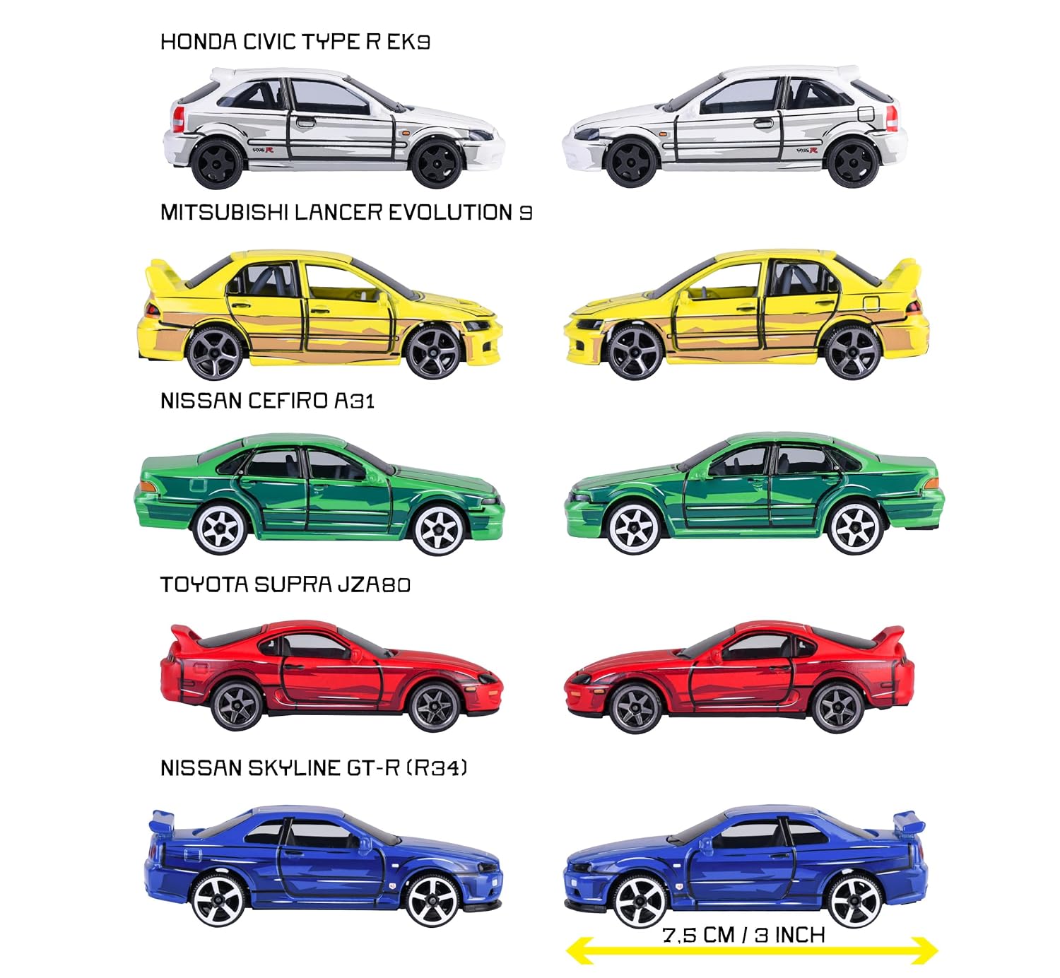 Majorette JDM Legends Anime 5 Pack Set - Metal Toy Car with Freewheel, Suspension & Opening Parts for Kids & Collectors