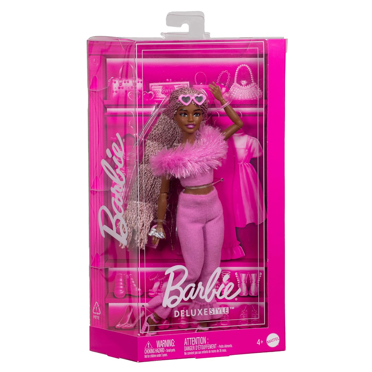Barbie Deluxe Style Doll #4 in Barbiecore Outfit, Pink and Brown Braids, Soft Pink Top and Pant Set with Furry Collar With Accessories​​​ for Kids Ages 4+