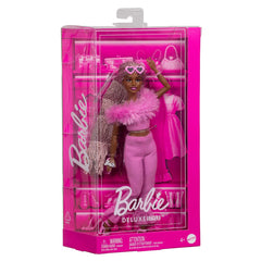 Barbie Deluxe Style Doll #4 in Barbiecore Outfit, Pink and Brown Braids, Soft Pink Top and Pant Set with Furry Collar With Accessories​​​ for Kids Ages 4+