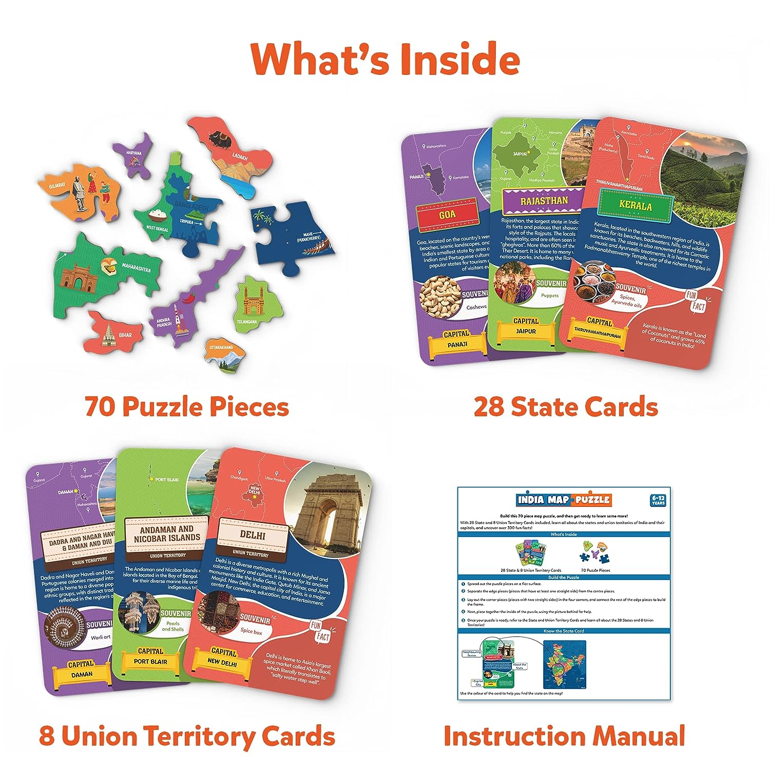 Skillmatics India Map Puzzle - 70 Pieces, Educational Toy for Learning 300+ Facts About India, Gifts for Ages 6 to 12
