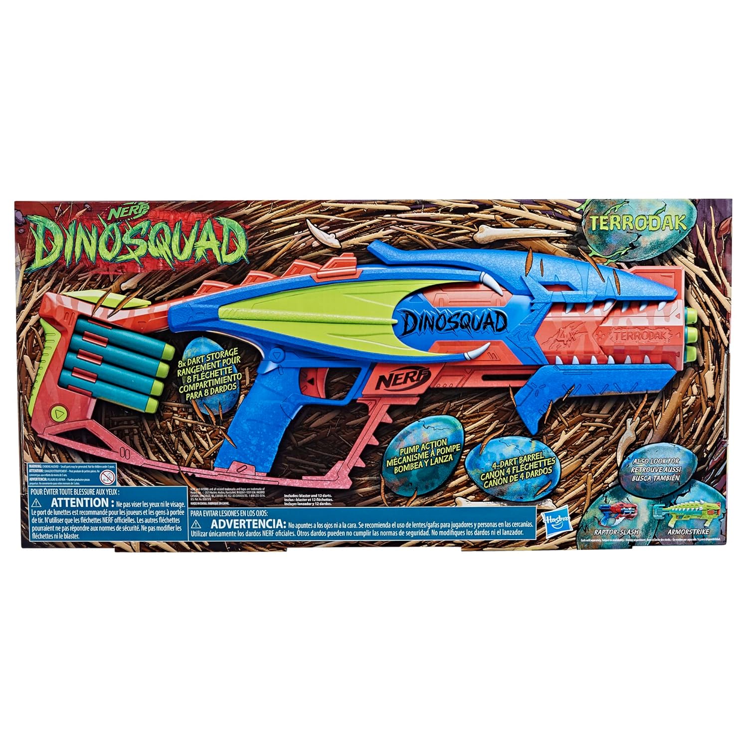 Nerf Dinosquad Terrodak, 4 Dart Blasting, Dart Storage, 12 Nerf Elite Darts, Dinosaur Design, Toy Foam Nerf Blaster for Kids Outdoor Games,Multicolor