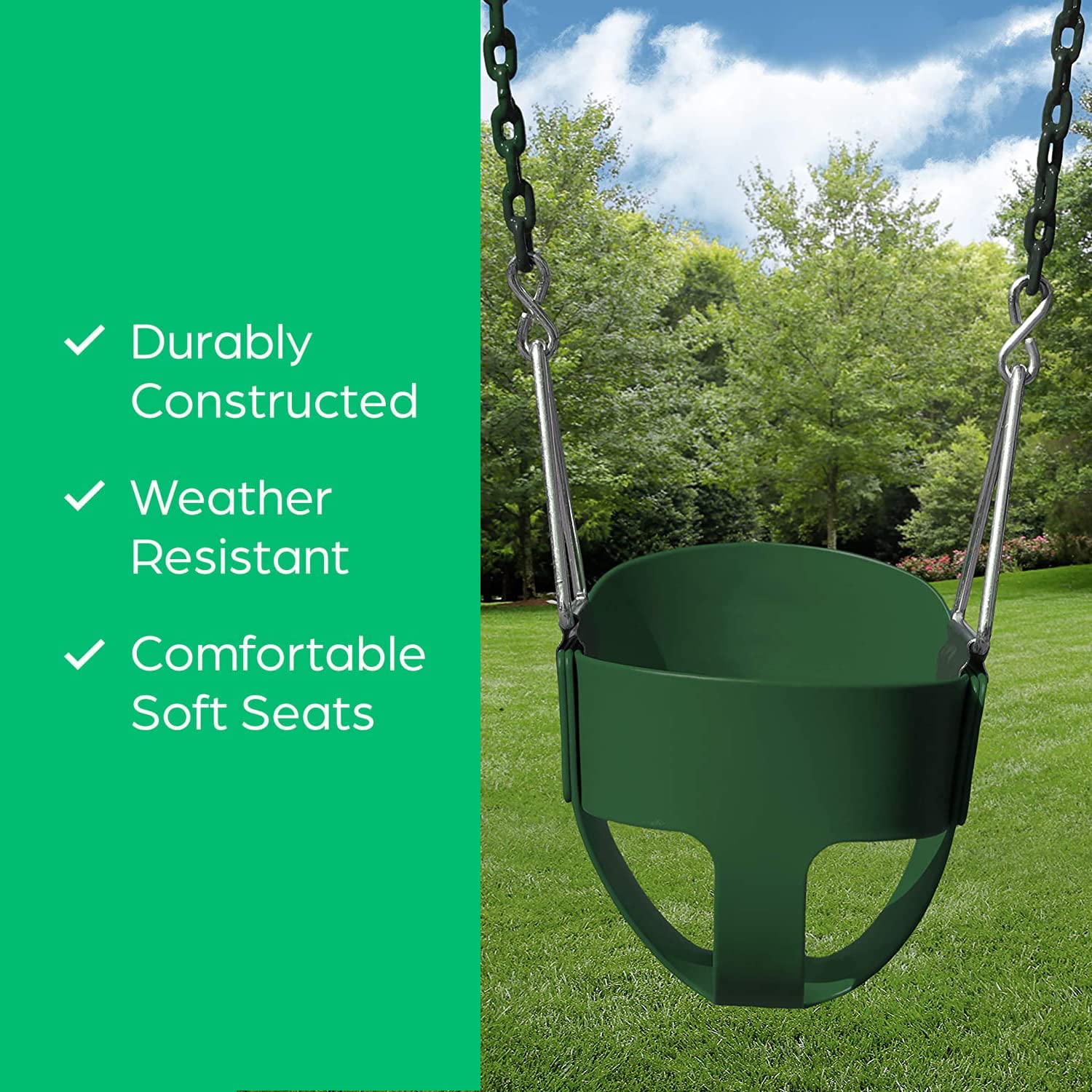 REZNOR EVA Plastic High Back Full Bucket Toddler Baby Swing Seat With 60 Inch Plastic Coated Chain Set, Green